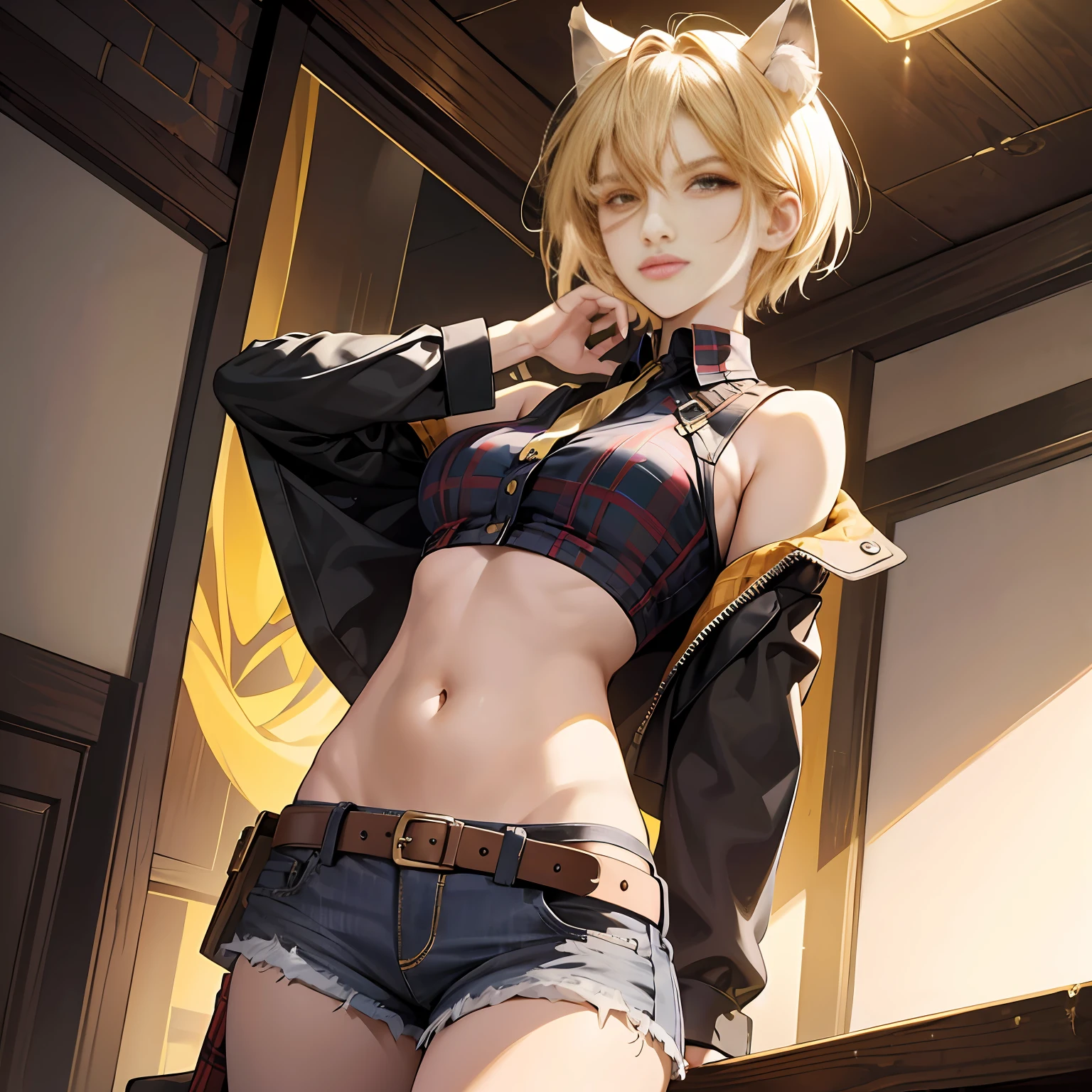 tmasterpiece, beste-Qualit, realisti, 3d, Extremely detailed, fine details, A girl, Extremely detailed eyes and face, beautiful detail eyes, Yellow eyes,Short Hair Hair, hair light, pretty, looking a viewer, Looks down, bellybutton, plaid shirt, Checkered shirt, hason, jean shorts, Straps, Wide waistband, belts, pistol on the belt, Weapon on the belt, exteriors, wolf ears, wolf tail.