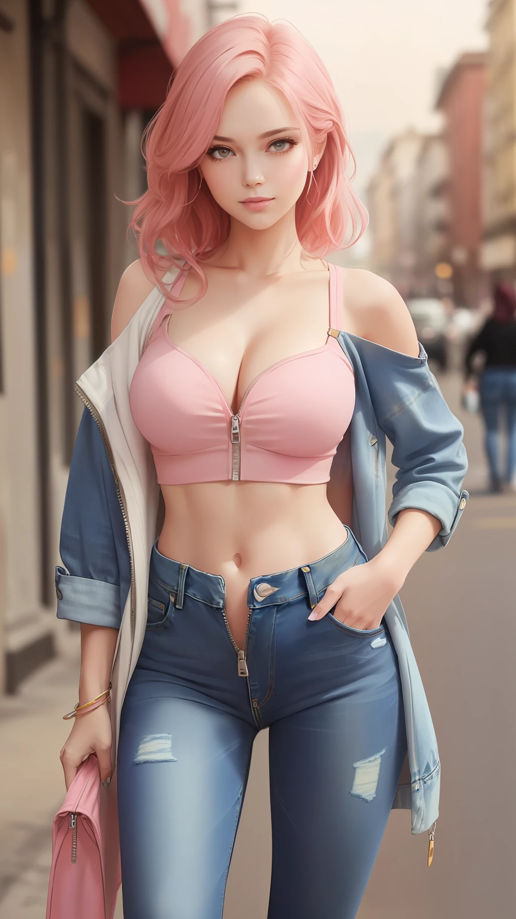((Ultrarrealist)), ((masterpiece)), ((best quality)), (((28 year old sophisticated woman)), ((mature adult face)), messy street, bystanders in the background , smirk expression, dynamic hair, open lengthy loose white cardigan on top of an off shoulder top, bare shoulders, no panties, (no bra), (no bra straps), light natural makeup, perfect cleavage, tall (slim fit) body, natural medium breasts, medium hips, narrow waist, brown eyes, brown hair, no bra, no panties, really long lengthy fading pink hair, ((unzipped open crotch denim jeans)), crop top, detailed_eye, face, detailed eyes,Sunny of Spades 1girl, pink hair, denim, jeans, crop top --auto