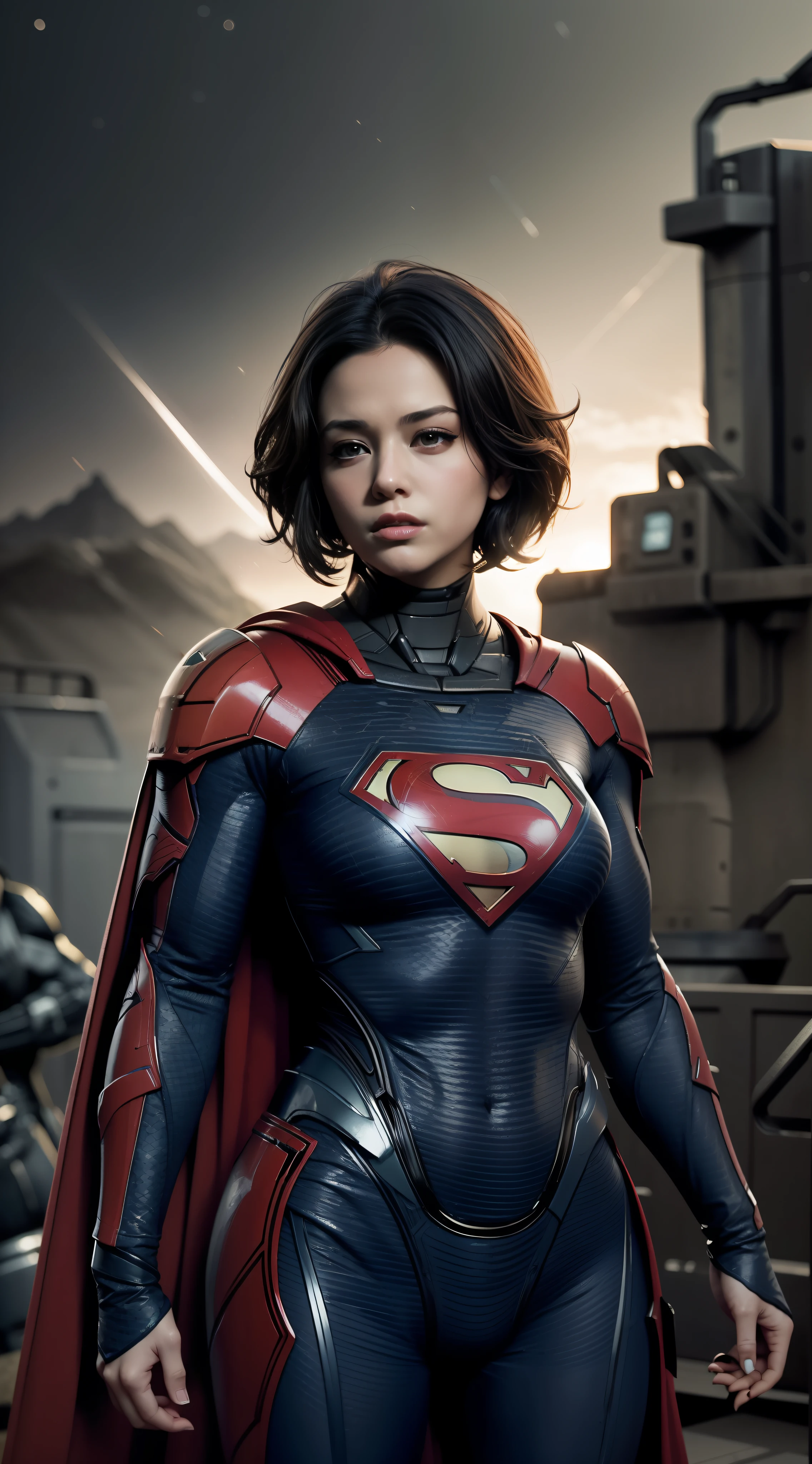 Supergirl, short hair,  big breast, nousr robot masterpiece, best quality, 8k, fantasy painting of beautiful cyborg girl, warframe style, white red, ultra detailed, ambient light, volumetric lighting, (dark night:1.4) mars mountain, reflection of light, reflective lighting, sharp focus, battle pose,