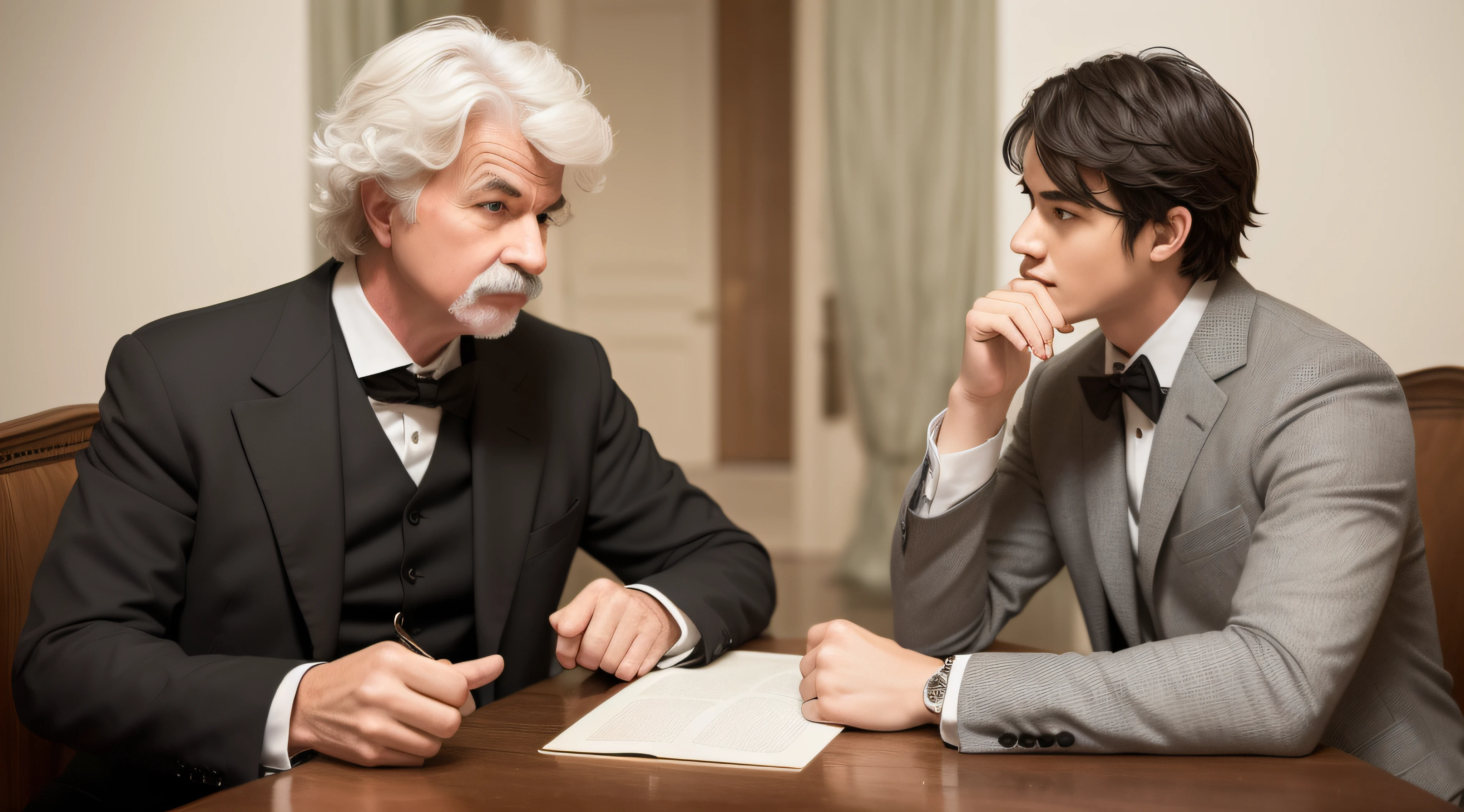 A young man with short hair engages in a conversation with the renowned writer Mark Twain, but beneath the surface lies a sense of envy. As the dialogue unfolds, the young man's admiration for Twain's literary success intertwines with a tinge of jealousy, creating a complex dynamic. Mark Twain, with his trademark wit and wisdom, navigates the conversation, offering insights and guidance to the young man while subtly addressing the underlying emotions. This thought-provoking scene delves into the complexities of envy and the transformative power of mentorship and self-reflection.