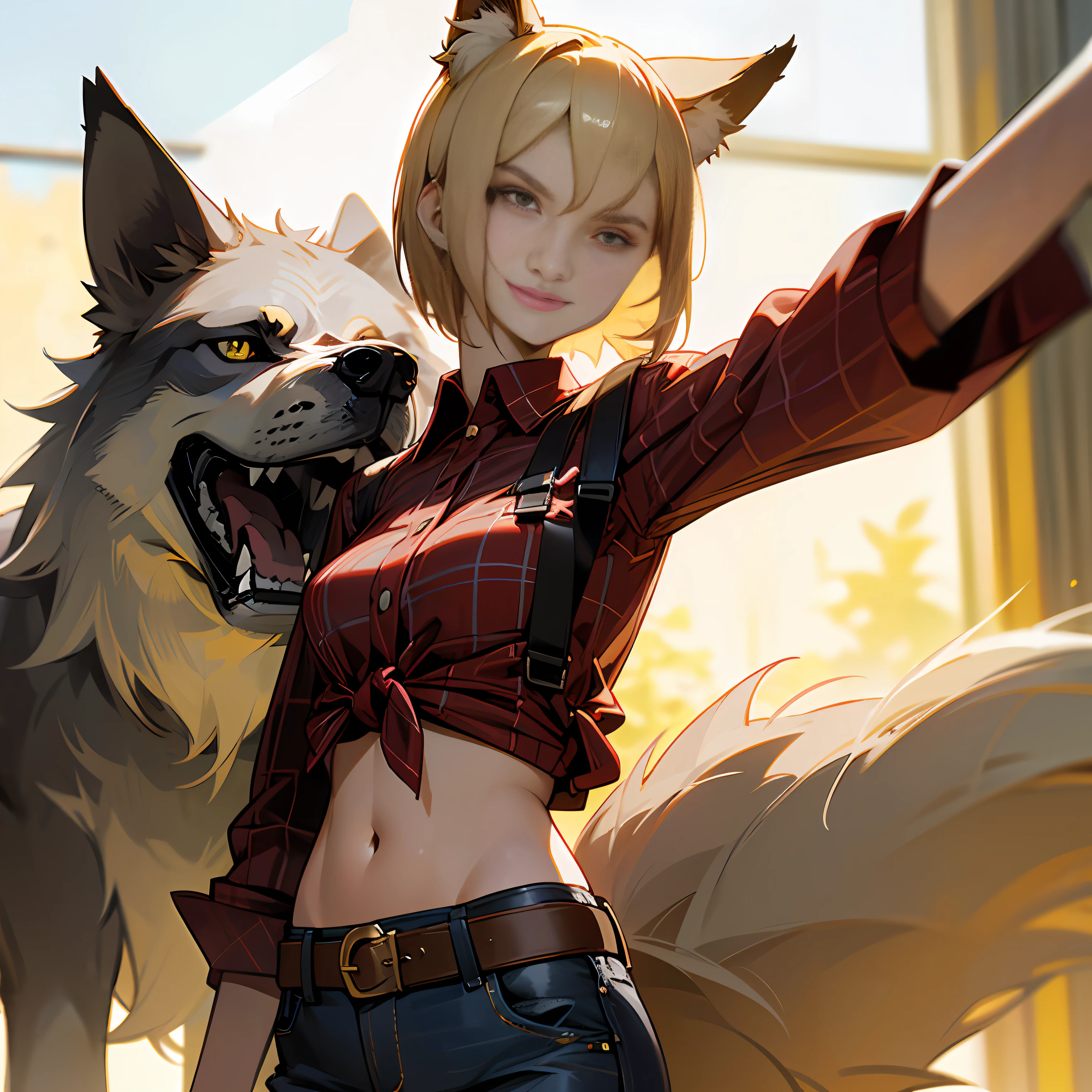 tmasterpiece, beste-Qualit, (realisti, photo-realistic:1.4), (RAW photo:1.2), Extremely detailed, fine details, Extremely detailed eyes and face, beautiful detail eyes, Yellow eyes, Light on the face, A girl, Short Hair Hair, hair light, light blonde hair, pretty, looking a viewer, standingn, bellybutton, hason, red checkered shirt, Knotted shirt, red shirt, jean shorts, Wide waistband, pistol on the belt, exteriors, wolf ears, wolf tail. --auto
