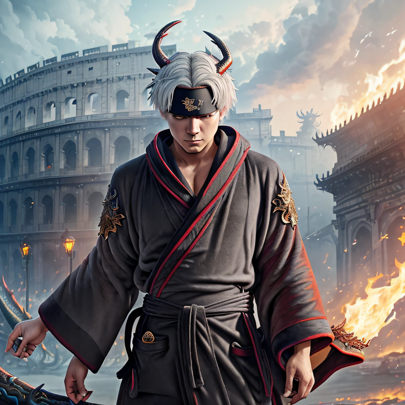 Blindfolded man,fansty world,coliseum background,Clean design,Epic Instagram,artstation,,contours,Hyper-detailed intricate details,unreal-engine,fanciful,Complicated details,splash image,complementary colours,fantasy concept art,8K分辨率,A masterpiece of deviantart,oil painted,Heavy strokes,paint drips,,Rainbow skins,(((A handsome young))), ((teenage:1.5)), (Glowing red eyes), ((Eyes have light)),((((Short gray hair:1.1))), ((black-clad)), (prinz\\(Indifferent expression\\),, (((Wear a luxurious dragon robe with high details))), A head of white hair,(chest muscle)(There is a red flame tattoo on the neck) --auto --v 6