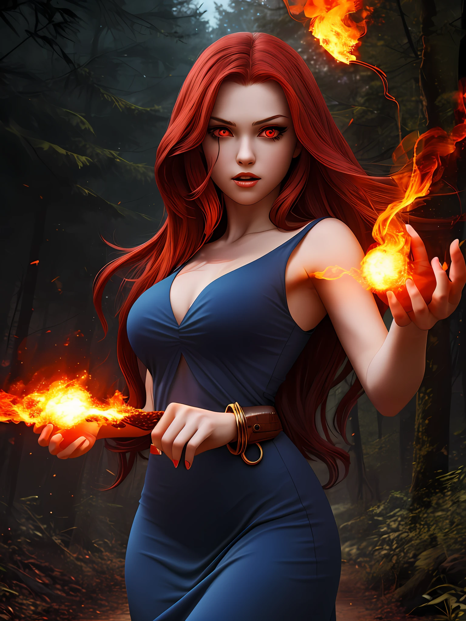 Realistic red-haired girl with long hair in a full-length long blue dress with red eyes and a fireball in her hands