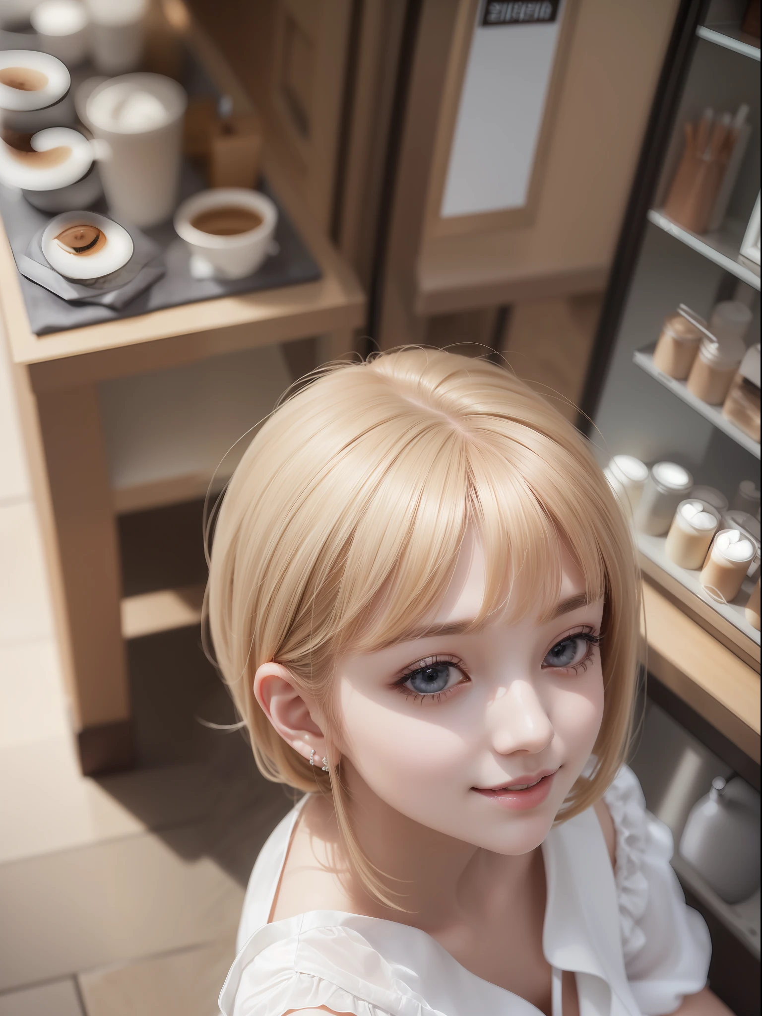 masuter piece, best qualtiy, (((realisitic, Photorealsitic:1.37))), ((Solo)), 8K image quality, Extremely delicate and beautiful, splendid, Official art with attention to detail, Ridiculous, Unbelievably ridiculous, huge filesize, ultra-detailliert, ighly detailed, (Beautuful Women), (detailed woman), extremely detailed eye and face, Beautiful detailed eyes, Light makeup, (Perfect female figure), (Korean  beauty), ((fullllbody)), (((Sitting))), blondehair, With bangs, (Pure white dress), appointment, (Happy face), ((Looking up at the camera)), (((View from above))), Cafe Counter,