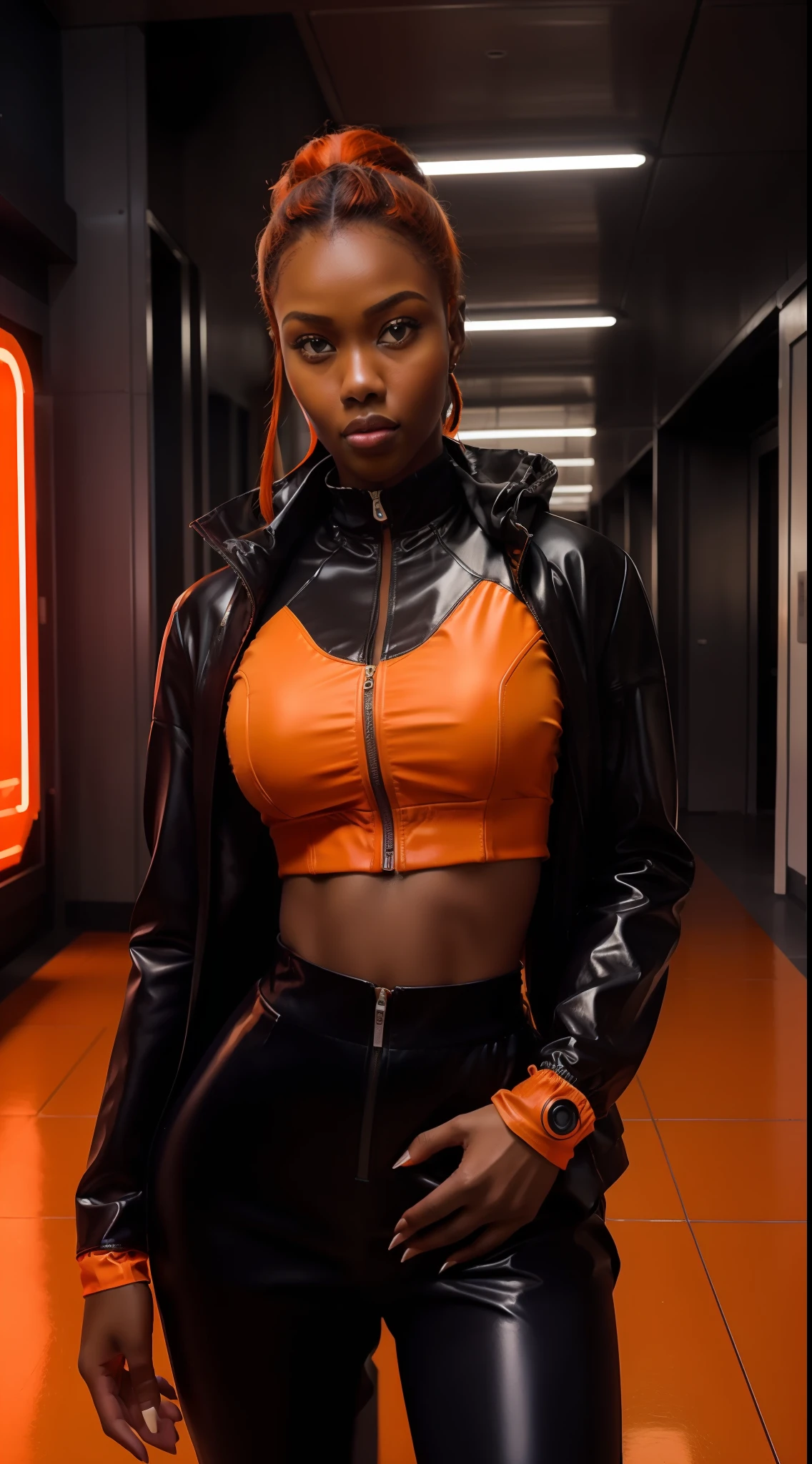 8k, ARTISTIC photography, best quality, masterpiece: 1.2), (realistic, photorealistic: 1.37)` Movie still from johnny mnemonic movie directed by (Robert Longo), (cyberpunk girl Holding a Gun ), an ebony woman (((Anna Diop))) , beautiful body, toned body, perky breast (( dressed in a Futuristic bubble jacket )), (((over-detailed clothing))), (((the color of the clothes is orange ))), posing, IN A Empty futuristic corridor lit by long LED lights.. background,