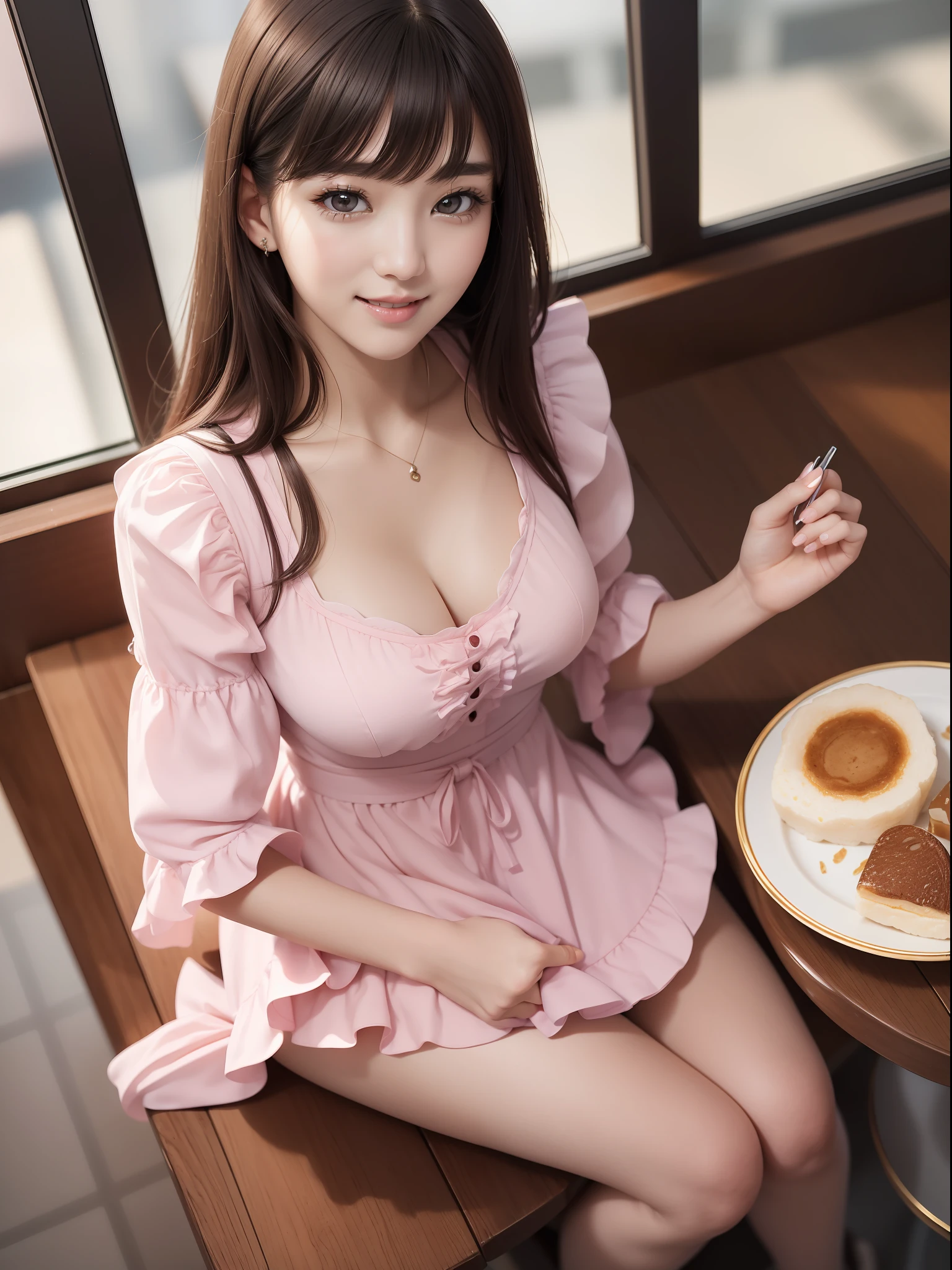 masuter piece, best qualtiy, (((realisitic, Photorealsitic:1.37))), ((Solo)), 8K image quality, Extremely delicate and beautiful, splendid, Official art with attention to detail, Ridiculous, Unbelievably ridiculous, huge filesize, ultra-detailliert, ighly detailed, (Beautuful Women), (detailed woman), extremely detailed eye and face, Beautiful detailed eyes, Light makeup, (Perfect female figure), (Korean beauty), ((fullllbody)), (((Sitting))), A dark-haired, With bangs, (pink frilled dress), appointment, (lovely smile), ((Looking up at the camera)), (((View from above))), Cafe Counter,