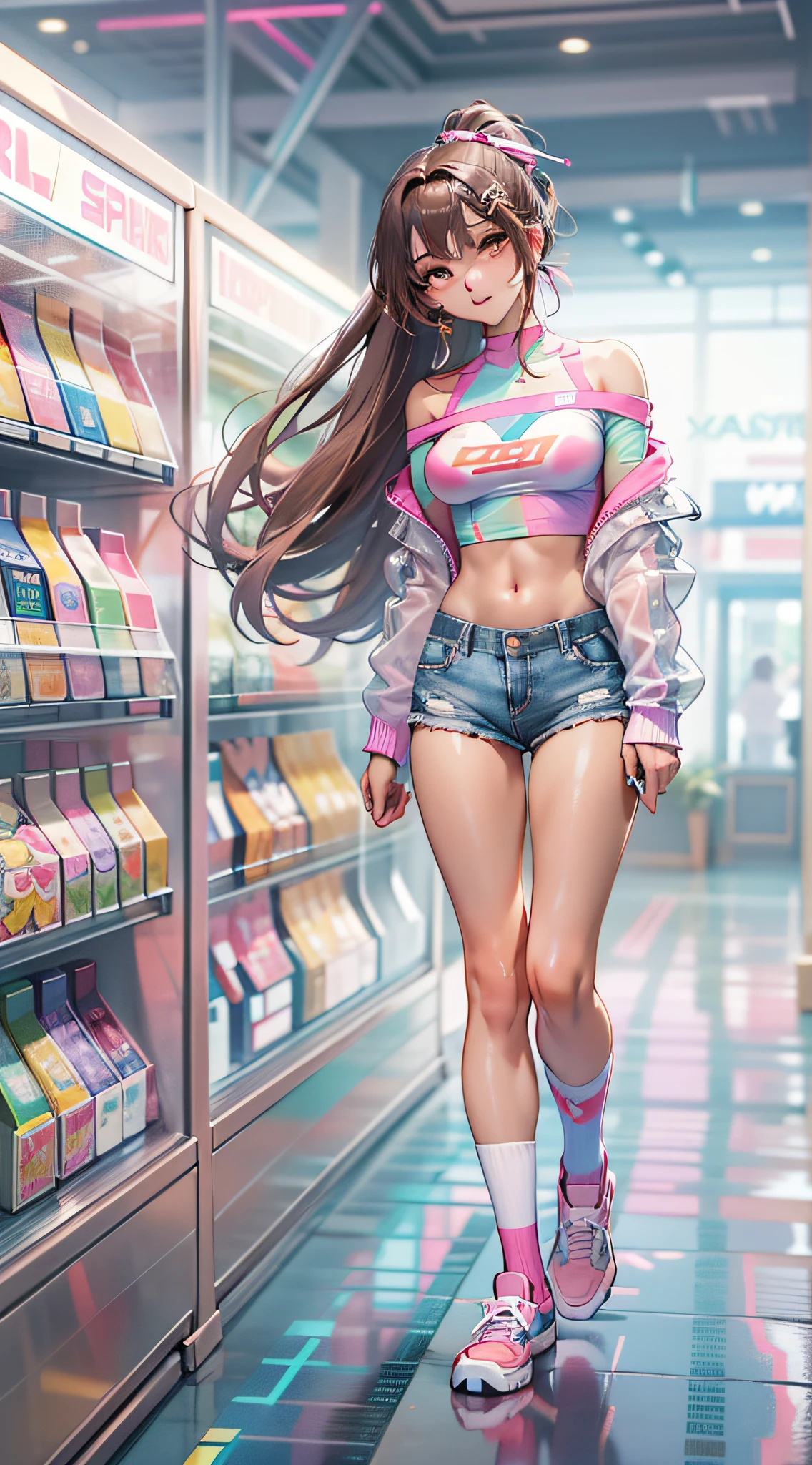 ((Masterpiece)), best quality, absurderes, ultra detailed, holographic, cowboy shot, golden ratio, super cute girl, mature girl, idol girl, super beautiful asian girl with very beautiful violet glowing eyes, beautiful glowing brown multicolored hair, high ponytail, nice and sexy body, slim body, perfect body, wearing a super tight anime printed leotard, an anime printed super tight off shoulder long sleeve crop top, a super aesthetic transparent mini jacket, beautiful hair ornament, pink jordan tennis, being photographed in a mall shop with her handsome skinny boyfriend, with dark messy hair, brown luminous eyes, wearing a white anime shirt, black shorts, and pink crocs