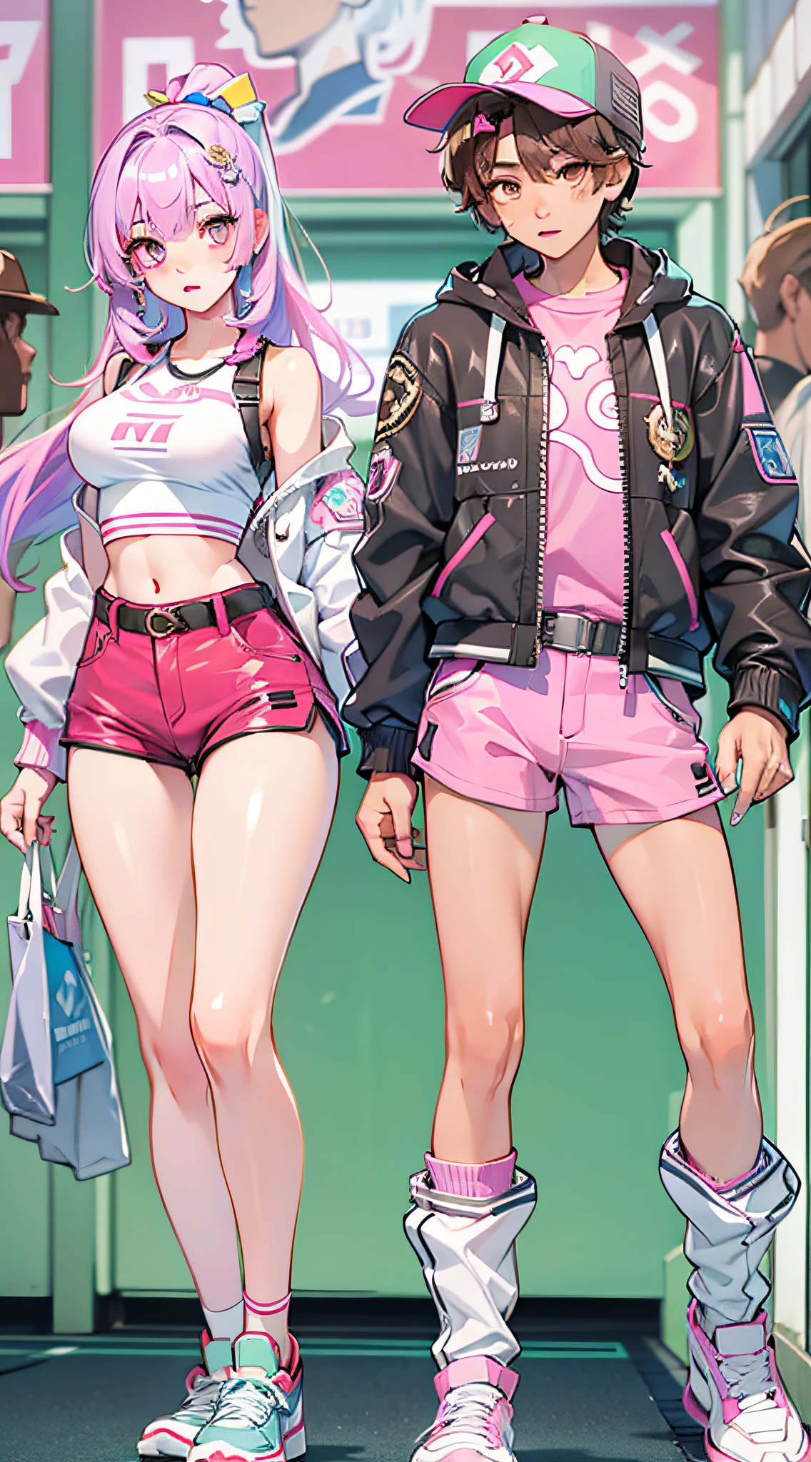 ((Masterpiece)), best quality, absurderes, ultra detailed, holographic, cowboy shot, golden ratio, super cute girl, mature girl, idol girl, super beautiful asian girl with very beautiful violet glowing eyes, beautiful glowing brown multicolored hair, high ponytail, nice and sexy body, slim body, perfect body, wearing a super tight anime printed leotard, an anime printed super tight off shoulder long sleeve crop top, a super aesthetic transparent mini jacket, beautiful hair ornament, pink jordan tennis, being photographed in a mall shop with her handsome skinny boyfriend, with dark messy hair, brown luminous eyes, wearing a white anime shirt, black shorts, and pink crocs