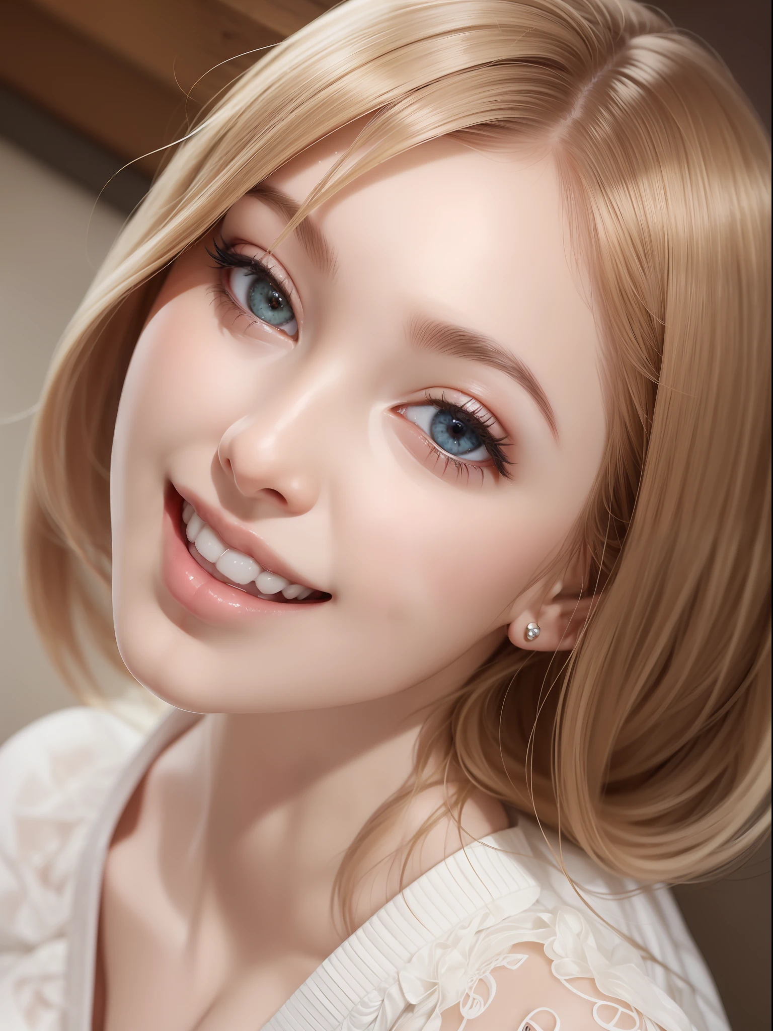 masuter piece, best qualtiy, (((realisitic, Photorealsitic:1.37))), ((Solo)), 8K image quality, Extremely delicate and beautiful, splendid, Official art with attention to detail, Ridiculous, Unbelievably ridiculous, huge filesize, ultra-detailliert, ighly detailed, (Beautuful Women), (detailed woman), extremely detailed eye and face, Beautiful detailed eyes, Light makeup, (Perfect female figure), (Korean  beauty), ((fullllbody)), (((Sitting))), blondehair, With bangs, (Pure white dress), appointment, ((lovely smile)), ((Looking up at the camera)), (((View from above))), Jazz Cafe,