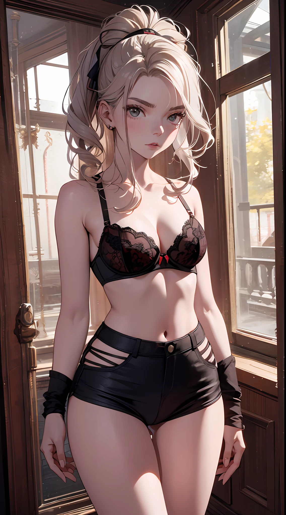 Anya Taylor Joy en bra y bragas, room behind, small waist, cuerpo delgado, piernas largas, behind