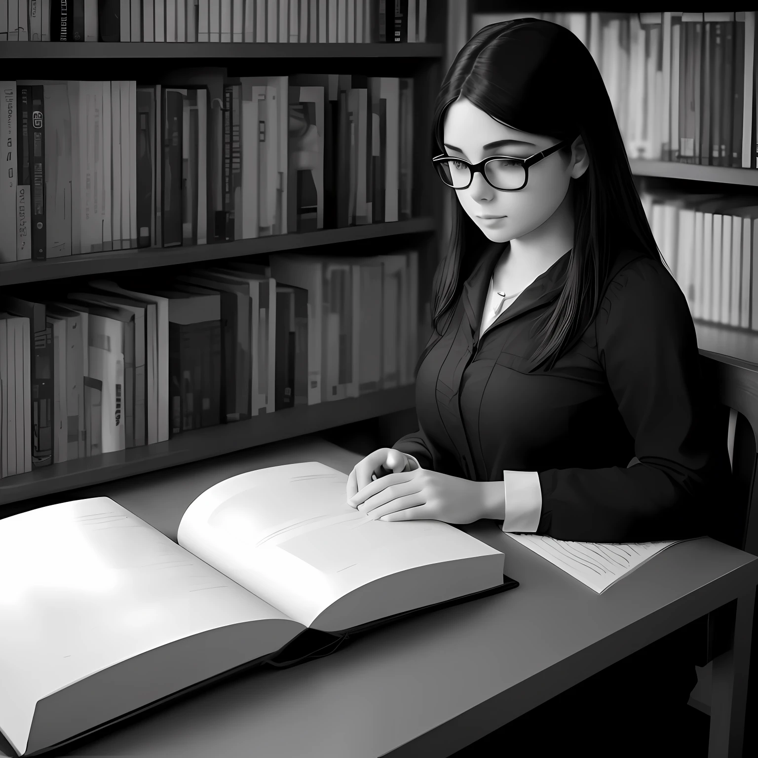 ((fotografia ultrarealista)|(monochrome photography)|(fotografia preto e branco)), a young woman librarian , de 18 anos, organizando os livros na biblioteca, {negrito:preto e branco:1.2}, {italico:ultrarealista:1.2}, --4K --HD --seed 30