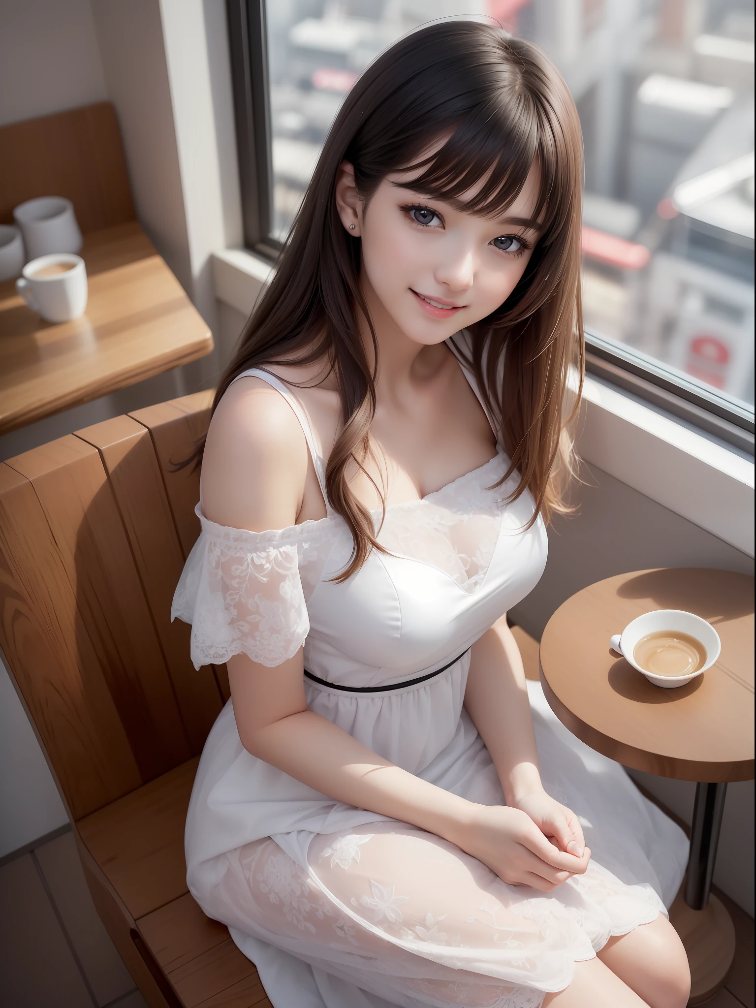 masuter piece, best qualtiy, (((realisitic, Photorealsitic:1.37))), ((Solo)), 8K image quality, Extremely delicate and beautiful, splendid, Official art with attention to detail, Ridiculous, Unbelievably ridiculous, huge filesize, ultra-detailliert, ighly detailed, (Beautuful Women), (detailed woman), extremely detailed eye and face, Beautiful detailed eyes, Light makeup, (Perfect female figure), (The beauty of the Japan), ((fullllbody)), (((Sitting))), A dark-haired, With bangs, (Pure white dress), appointment, ((lovely smile)), ((Looking up at the camera)), (((View from above))), Sitting by the window in a café