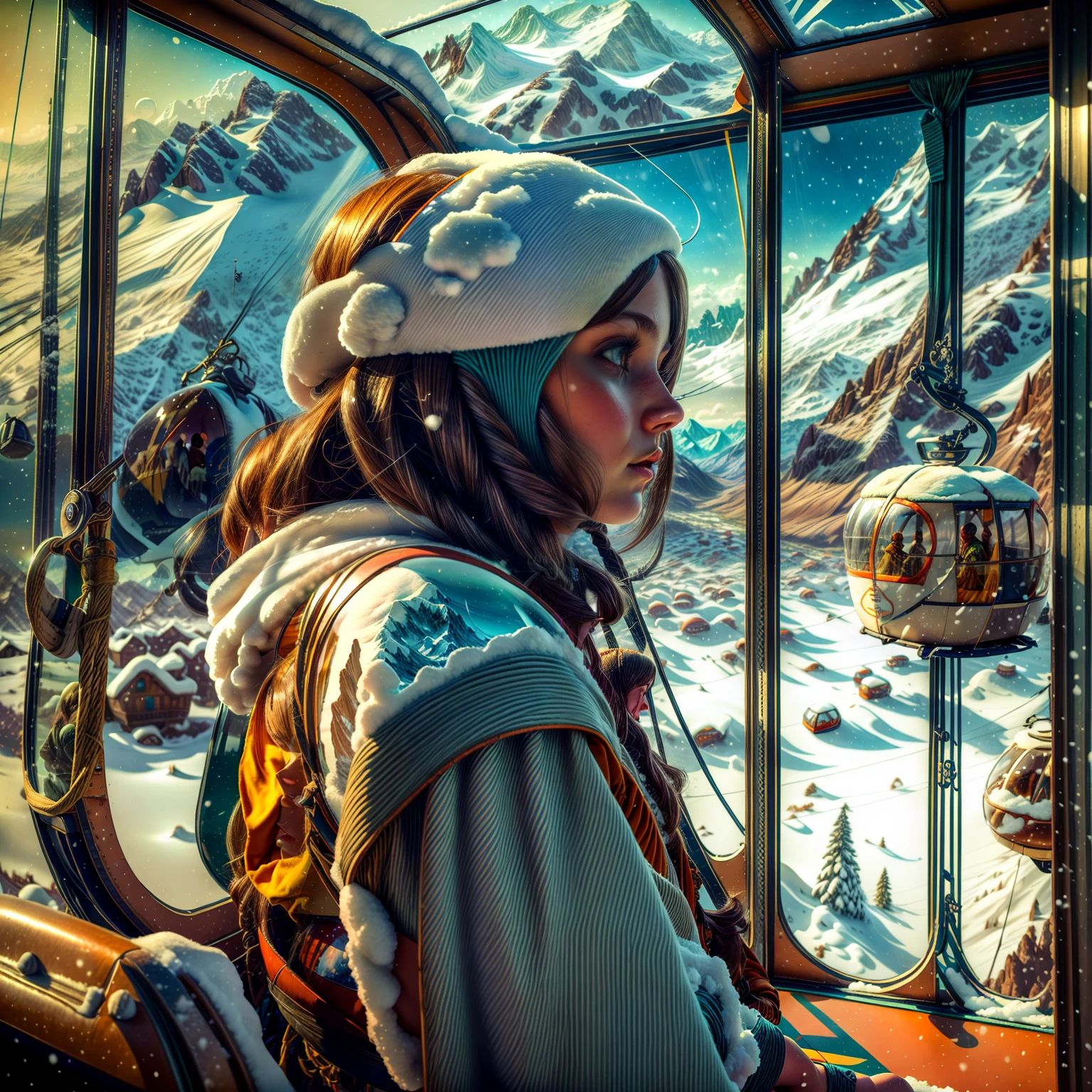 (a girl in a cable car, looking out of the window), (snow, winter, mountains), (Masterpiece, Best Quality, Highly Detailed), HDR, high dynamic range, sharpness, octane render, realistic, high contrast, light rays, vibrant, colorful, (1970retrofuturism)