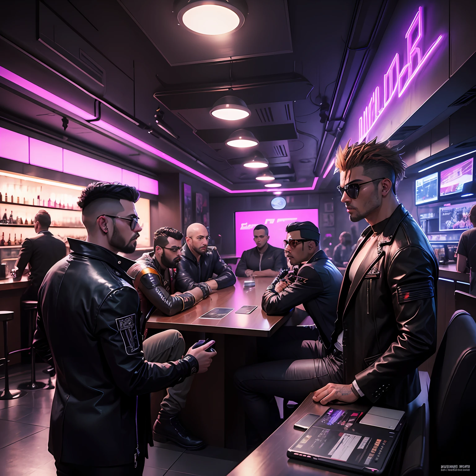 cyberpunk, 8 amigos homens, usando celular e computador, em um bar, Cyberpunk style building, roupas descoladas, Mafia Group, desenho realista, ultra hd, muitos detalhes, luzes neon, hackeando, jogando --auto