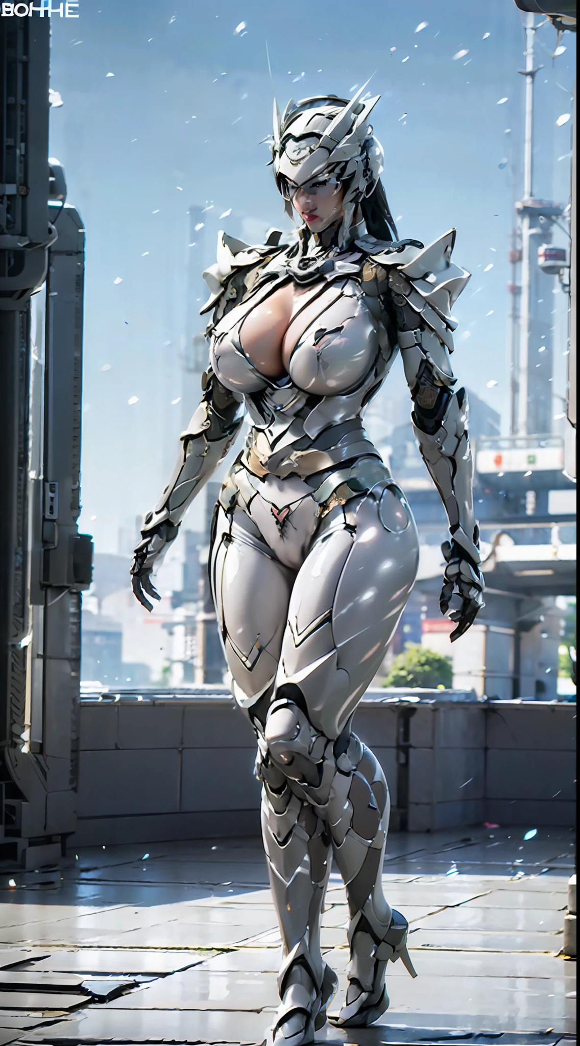 ((Unreal Engine 5)), Realistic Rendering, Excellent, (full  mecha armor), helm, (Yoga Pants), looking on viewer, walking down on street, beautiful face, makeup, (photorealism:1.2), ultrarealistic uhd face, (huge fake boobs:1.4), (gigantic breasts:1.1), (muscle abs), (big butt), (wide hips), (thick thighs), slim waist, hourglass figure, full body, ((glowing skin)), ((shiny skin)), Realistic body, ((she is sexy)), ((clean skin)), photorealistic, bokeh, masterpiece, highres, 1080P.