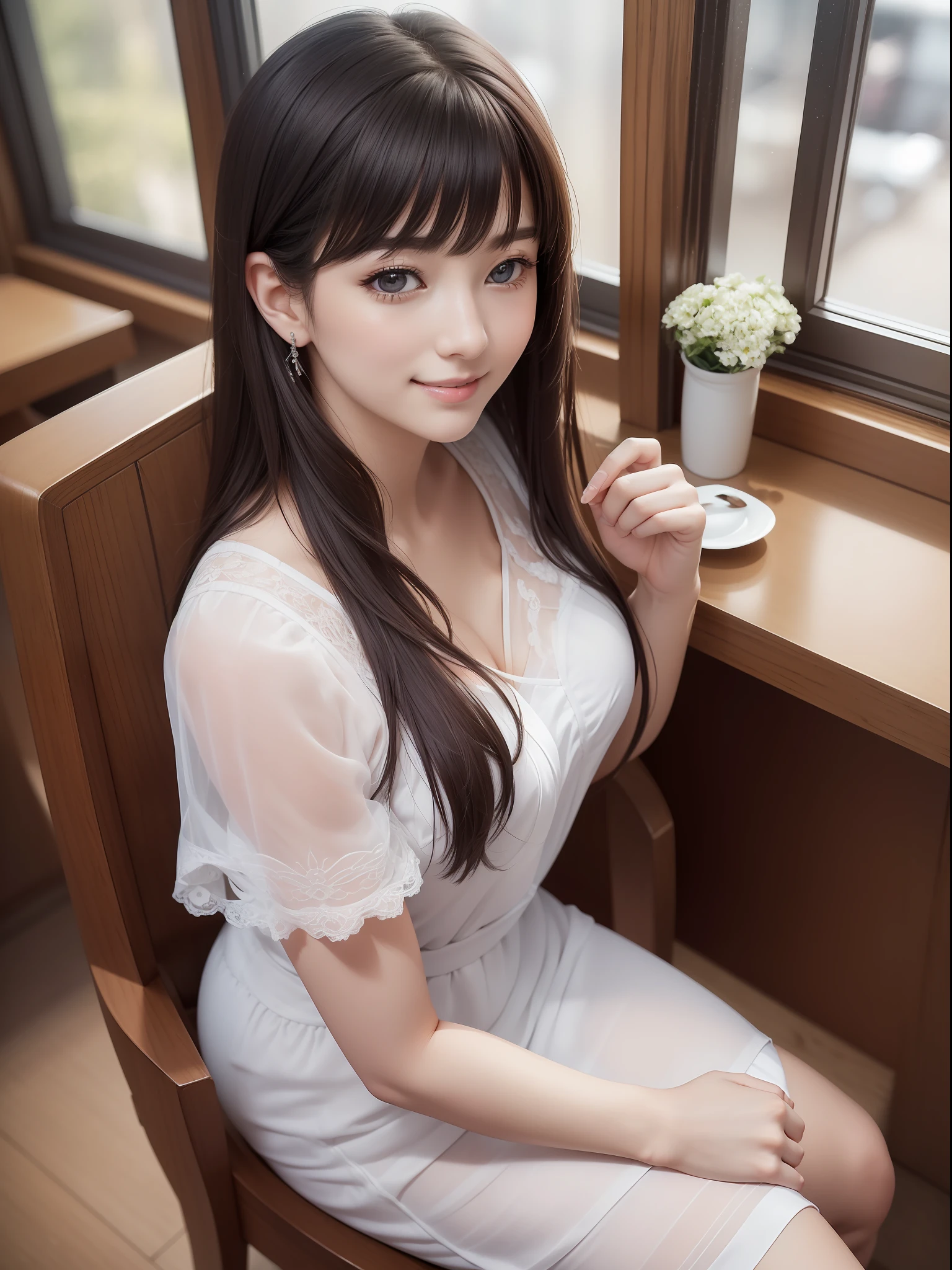 masuter piece, best qualtiy, (((realisitic, Photorealsitic:1.37))), ((Solo)), 8K image quality, Extremely delicate and beautiful, splendid, Official art with attention to detail, Ridiculous, Unbelievably ridiculous, huge filesize, ultra-detailliert, ighly detailed, (Beautuful Women), (detailed woman), extremely detailed eye and face, Beautiful detailed eyes, Light makeup, (Perfect female figure), (The beauty of the Japan), ((fullllbody)), (((Sitting))), A dark-haired, With bangs, (Pure white dress), appointment, ((Lovely smile)), ((Looking up at the camera)), (((View from above))), Sitting by the window in a café
