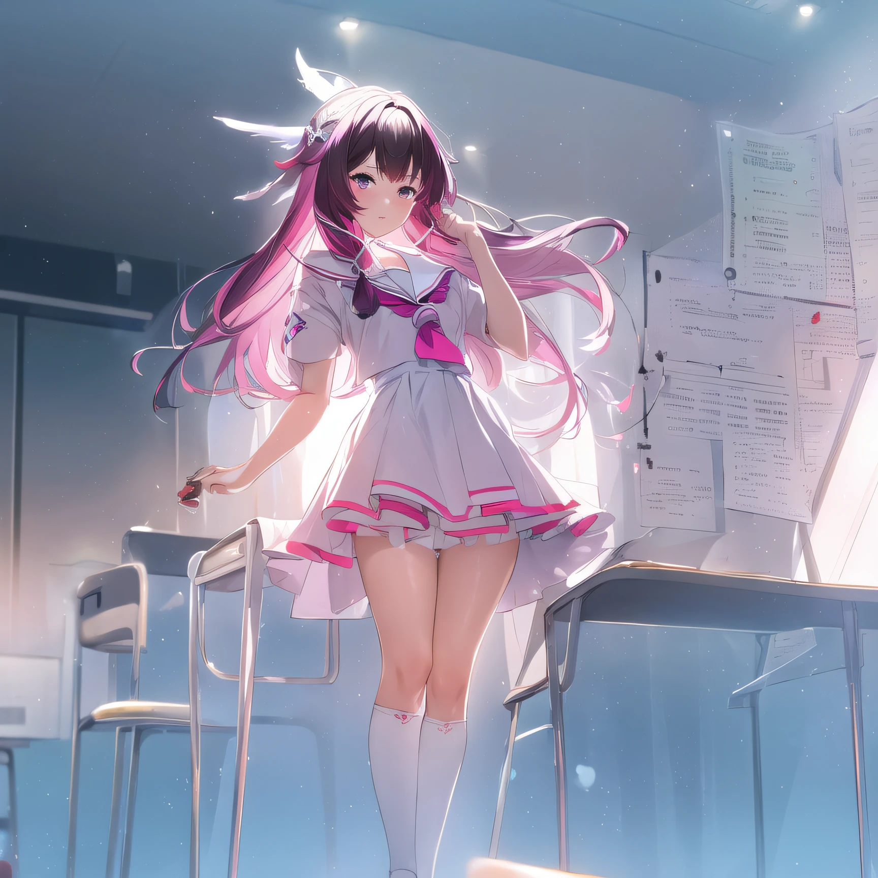 1girl, masterpiece, highest quality, best quality, , highly detailed, best illustration, glowing hair, ray tracing, semi realistic, Columbina, pink hair,full body, small breast , sailor uniform, classroom, looking at viewer
