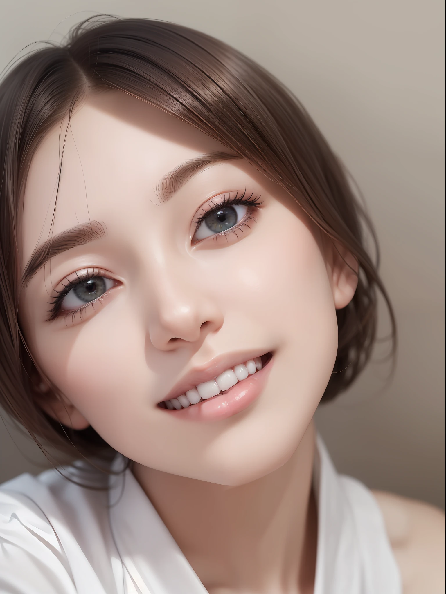 masuter piece, best qualtiy, (((realisitic, Photorealsitic:1.37))), ((Solo)), 8K image quality, Extremely delicate and beautiful, splendid, Official art with attention to detail, Ridiculous, Unbelievably ridiculous, huge filesize, ultra-detailliert, ighly detailed, (Beautuful Women), (detailed woman), extremely detailed eye and face, Beautiful detailed eyes, Light makeup, (Perfect female figure), (Korean  beauty), ((fullllbody)), (((Sitting))), blondehair, With bangs, (Pure white dress), appointment, ((Lovely smile)), ((Looking up at the camera)), (((View from above))), Jazz Cafe,