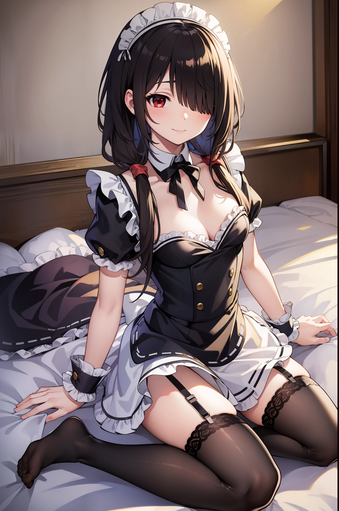 kurumitokisaki, tokisaki kurumi, black hair, low twintails, (hair over one eye:1.5), (red eyes:1.2), (small breast:1.2), BREAK blush, smile, thighhighs, bow, ribbon, cleavage, frills, apron, white thighhighs, wrist cuffs, maid, maid headdress, garter straps, BREAK looking at viewer, BREAK indoors, bed, bedroom, BREAK (masterpiece:1.2), best quality, high resolution, unity 8k wallpaper, (illustration:0.8), (beautiful detailed eyes:1.6), extremely detailed face, perfect lighting, extremely detailed CG, (perfect hands, perfect anatomy),