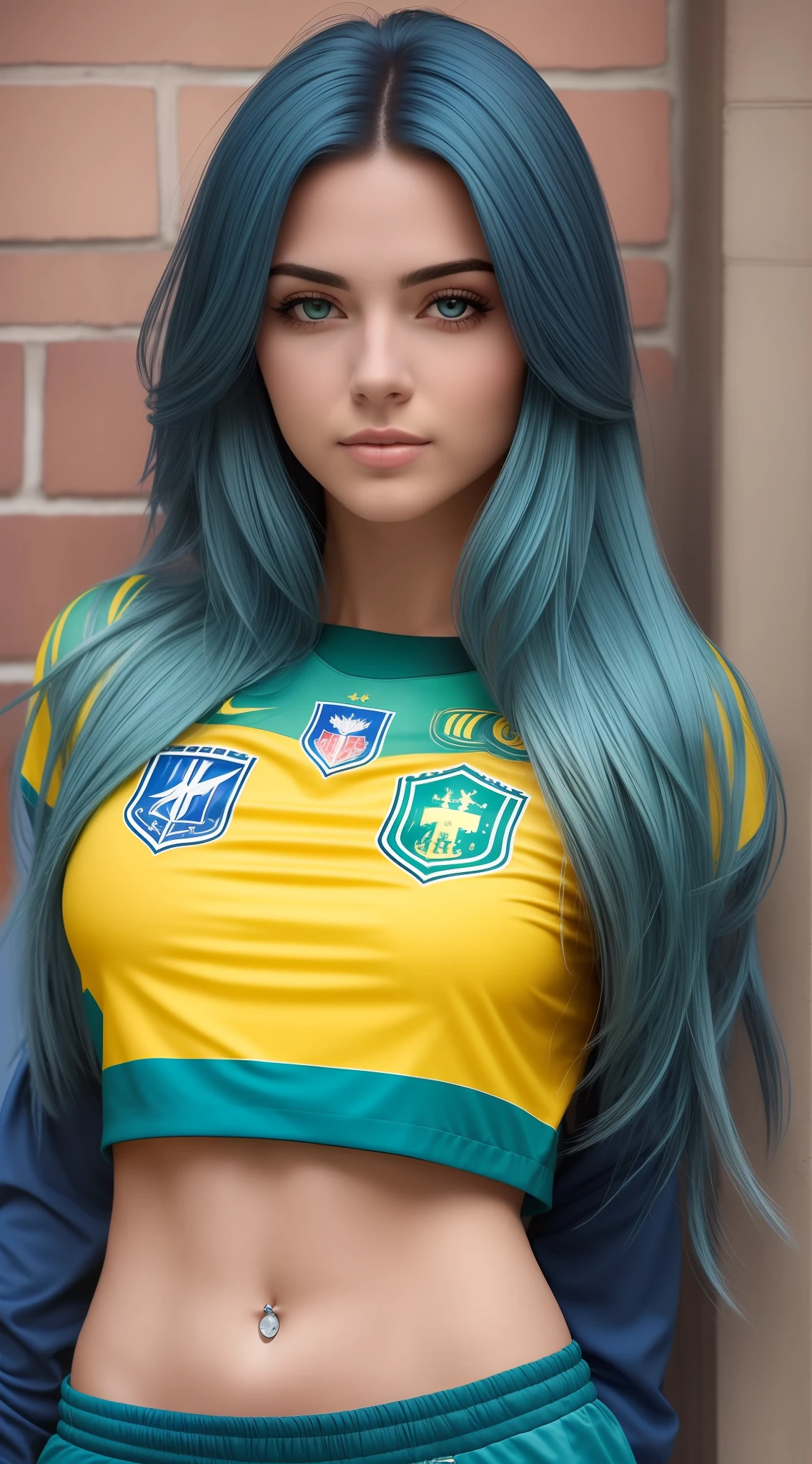 1 mulher de 25 anos, cabelos curto, azul, looking-into-camera, wearing clothes of the German national football team, background azul com manchas de tinta na cores verde e amarelo