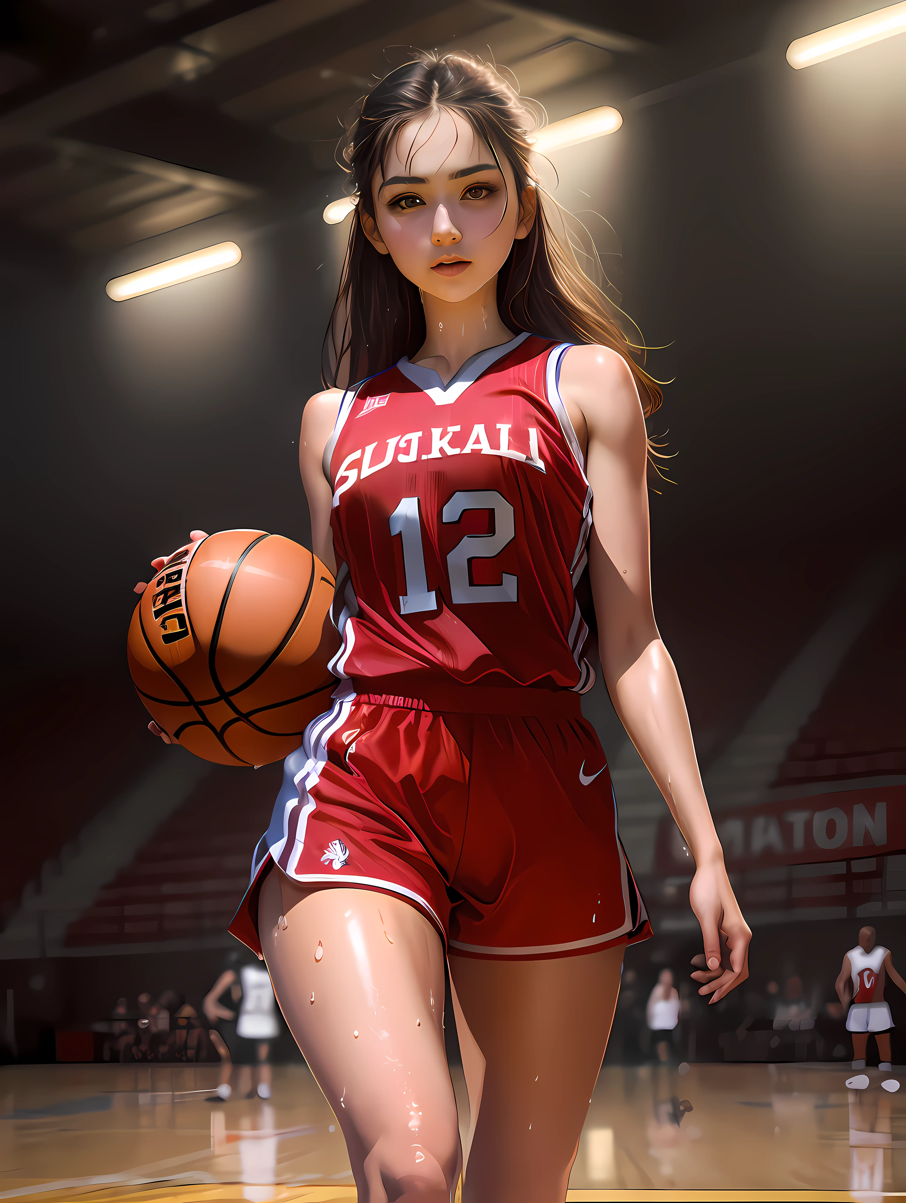 ((masterpiece)),((high resolution)), dramatic lighting,  sharp focus,  16k uhd,
super realistic illustlation,1beautiful girl,basketball uniform,teenage girl,small face,large breasts, narrow waist,nice legs,wet skins sweat,in basketball venue,frombelow