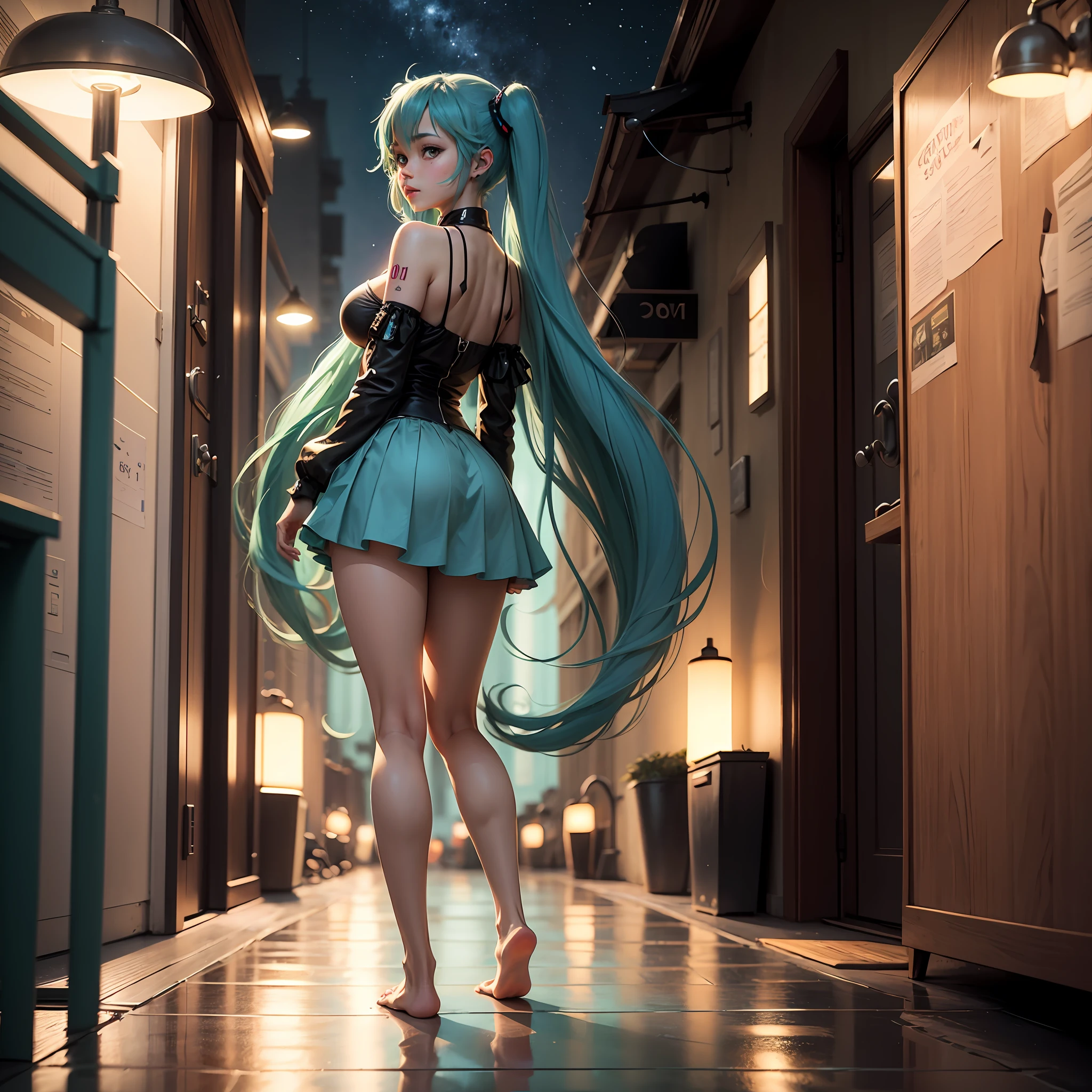 Big breasts Hatsune Miku，Turn Back，sideface，Long legs，Grow taller，Barefoot，，Portrait of Hatsune Miku, Os amigos, Anime girl with teal hair, Anime art wallpaper 8 K, Artgerm and Atey Ghailan, trending on artstation pixiv, nightcore, Anime art wallpaper 4k，Light and shadow tracking ，One meter 8，Grow tall --auto