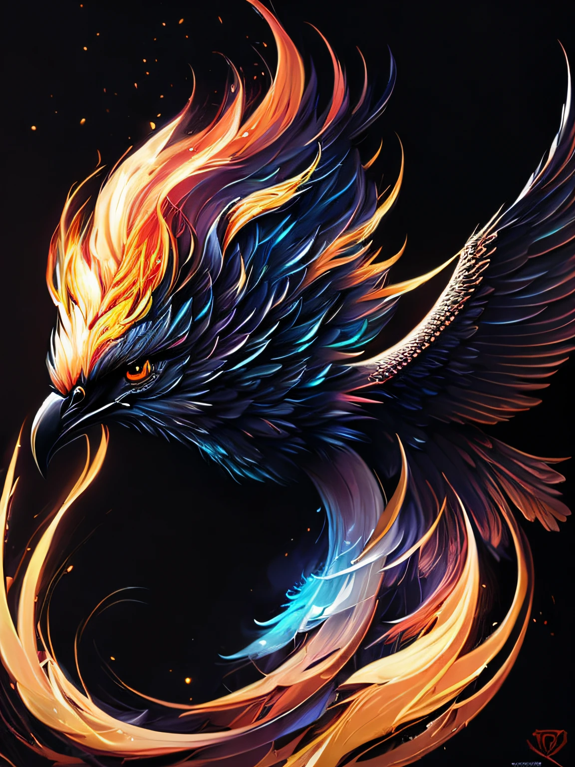 intricate and colorful, (digital painting:1.2) of phoenix firebird, (black background), by Artgerm, concept art, octane render, trending on artstation,  iolibt, vfx, Blender and Photoshop, octane render, excellent composition, cinematic atmosphere, dynamic dramatic cinematic lighting, aesthetic, very inspirational, arthouse