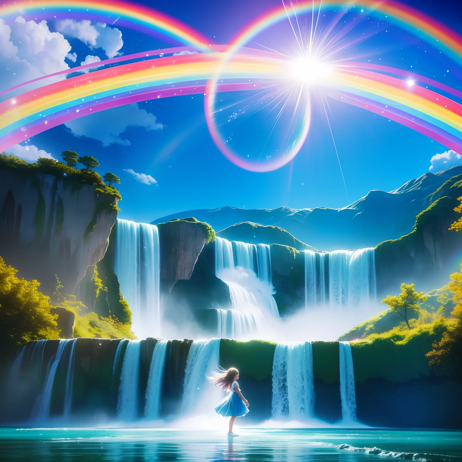 Imagine a scene where reality and fantasy merge, Fusion of photorealism and anime style. At the center of this scene, Little girl standing with arms outstretched. She is portrayed in anime style, Her eyes are big、Shines with joy. There are transparent soap bubbles around her, Each shimmers with rainbow colors, Delicately outlined with thin lines that give it an anime-like look.

Beyond the girl and her magic bubble, The grandeur of Niagara Falls serves as a backdrop. Waterfalls are rendered in a style very similar to high-resolution photos, piece々Water droplets are visible in the air, Freeze in time. Fog from the waterfall engulfs the scene, Refracting sunlight、Make a vivid rainbow arching over the waterfall.

This fusion of elements of reality and imagination is、Create a captivating scene of a girl embracing the magic and wonder of nature, All the while、Adding a surreal and whimsical touch through soap bubbles that seem to dance around her