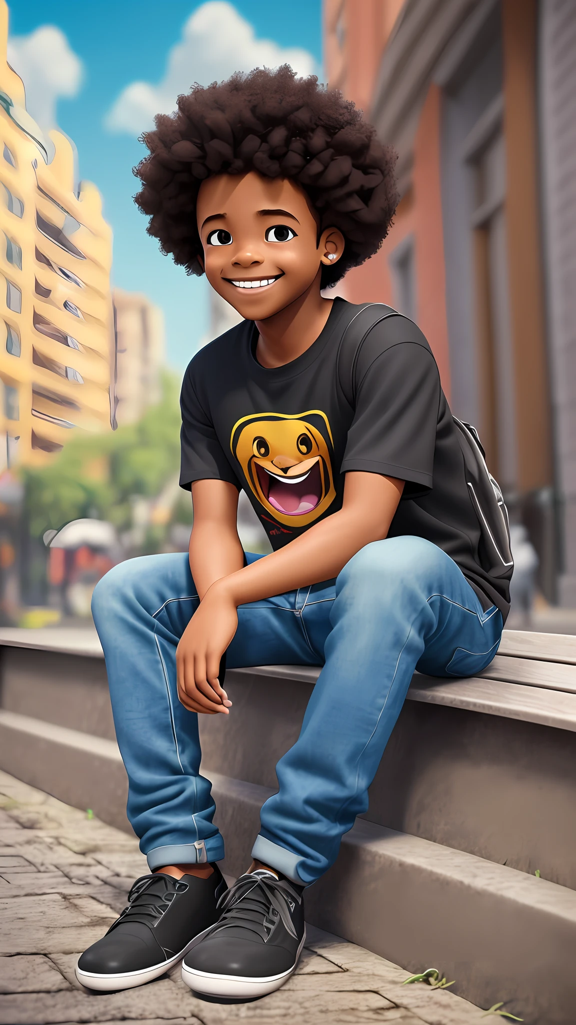 3D cartoon character, (((Sitting on a bench))), holding a small mobile phone, on a city street, black boy, (detailed facial features), black shirt, jeans and black shoes, (((baby) )), movie art, clean shot, ghailan!, like a pixar character, handsome young man, afro hair, grace and blessing, (((cute smile))), rendered in unreal, movie promo image, rendered image --auto --s2
