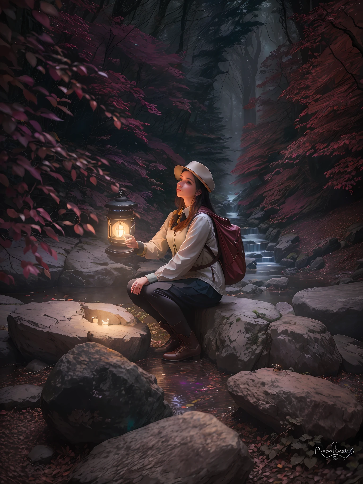 Arafed woman sitting on rocks with flashlight in hand, menina sob a lanterna, segurando uma lanterna, amidst nature, foto de retrato, Perdidos em uma paisagem de fadas sonhadoras, Mystical setting, retrato ambiental, mulher em uma floresta escura, fotografia de fantasia realista, in the magical forest, Luz da lanterna, retrato de alta qualidade, in a magical forest, fotografia de fantasia, Magical Glow, magic light