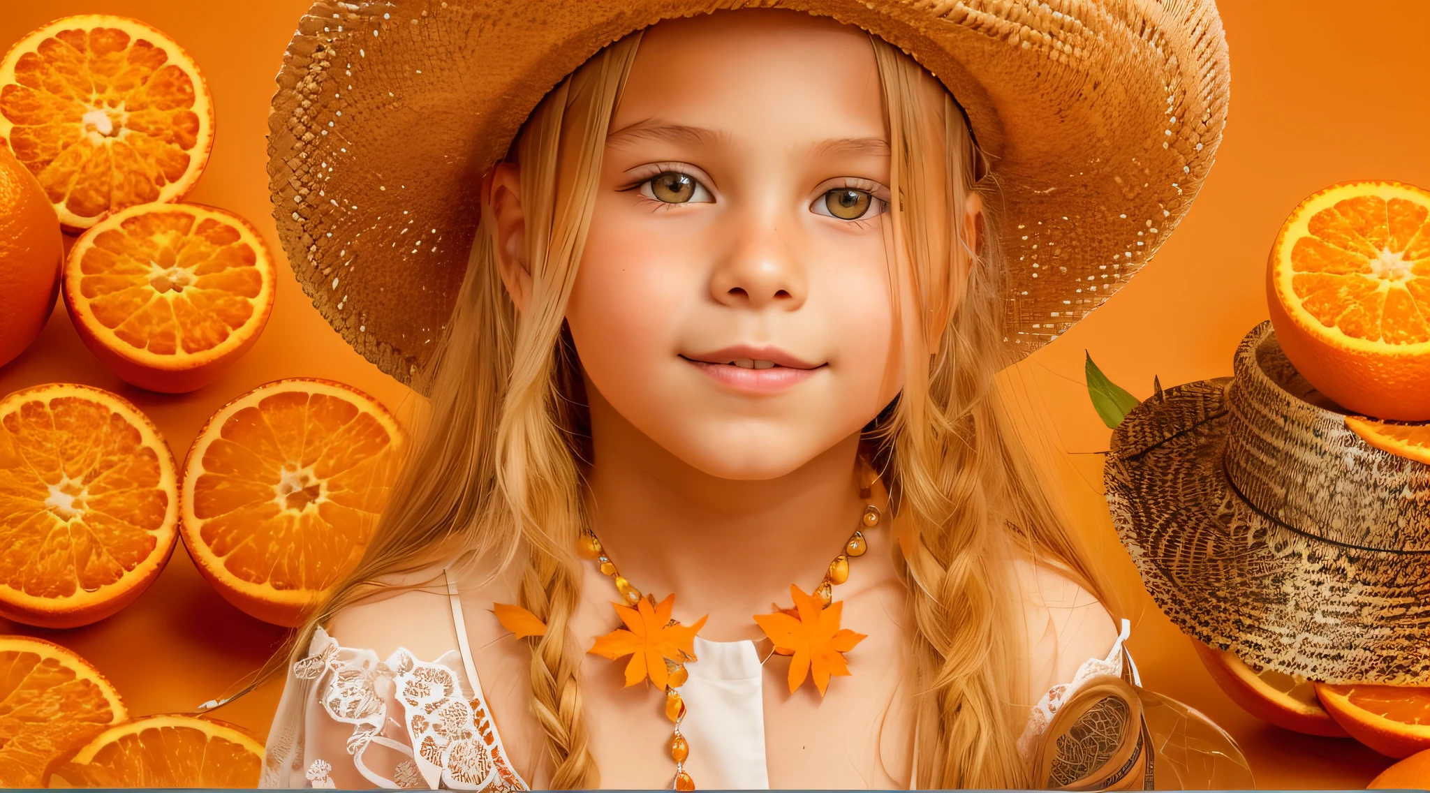 10 year old Russian child girl, close up, PORTRAIT, with long blonde hair, in a cowboy hat, many oranges with leaves on them on a table, oranges, extremely coherent orange, orange skin, orange and orange slices, orange colors, orange color, orange backgorund orange, orange, orange slices, vibrant orange, orange background, an orange, orange colors, very orange, orange theme, orange minerals, in front of an orange background, orange plants