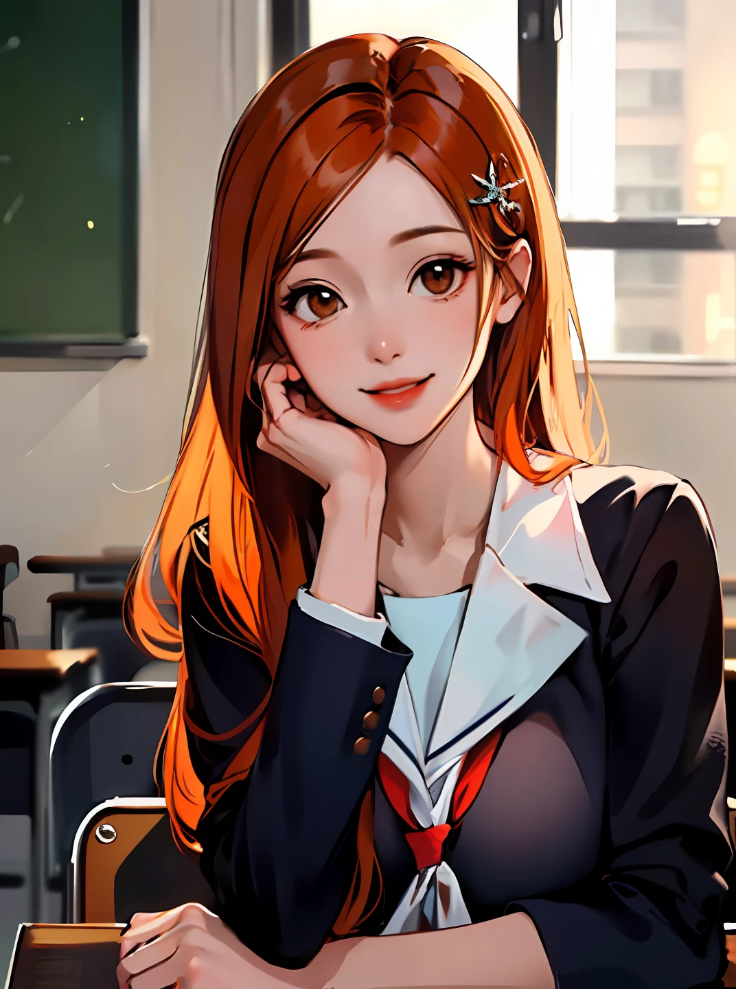 (masterpiece:1.2, best quality), (real picture, intricate details),
classroom,
pov, 
(1milf:1.8), solo, dynamic  pose, dynamic angle, 
(orihime), (orange hair), hair ornament,
school uniform,
lovely, (smile),