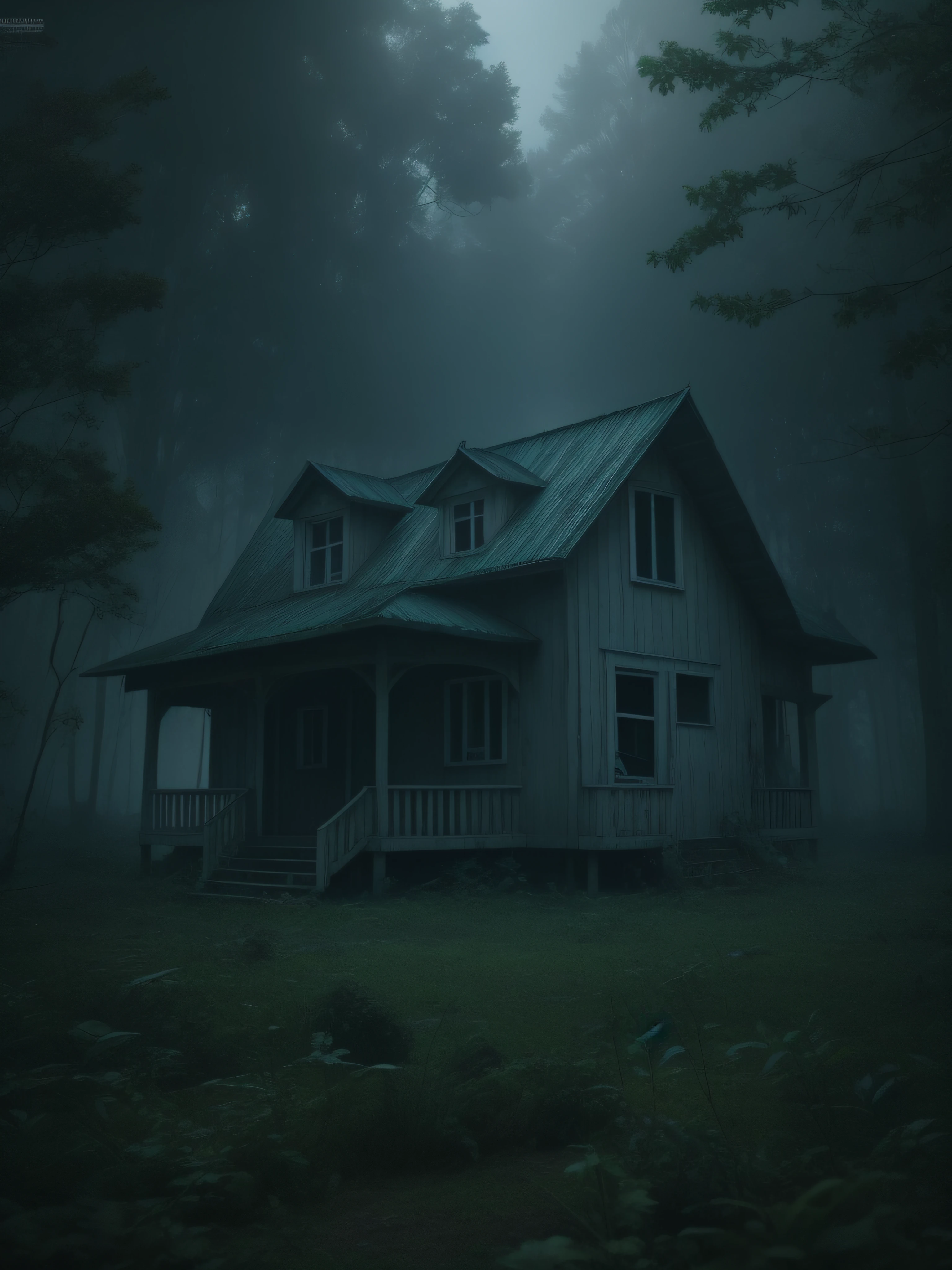 uma casa abandonada no meio de uma floresta, atmosfera escura e sombria, mist among the trees, Bodies of children killed by the house. master part, cinemactic, 4k, ultra-detalhado