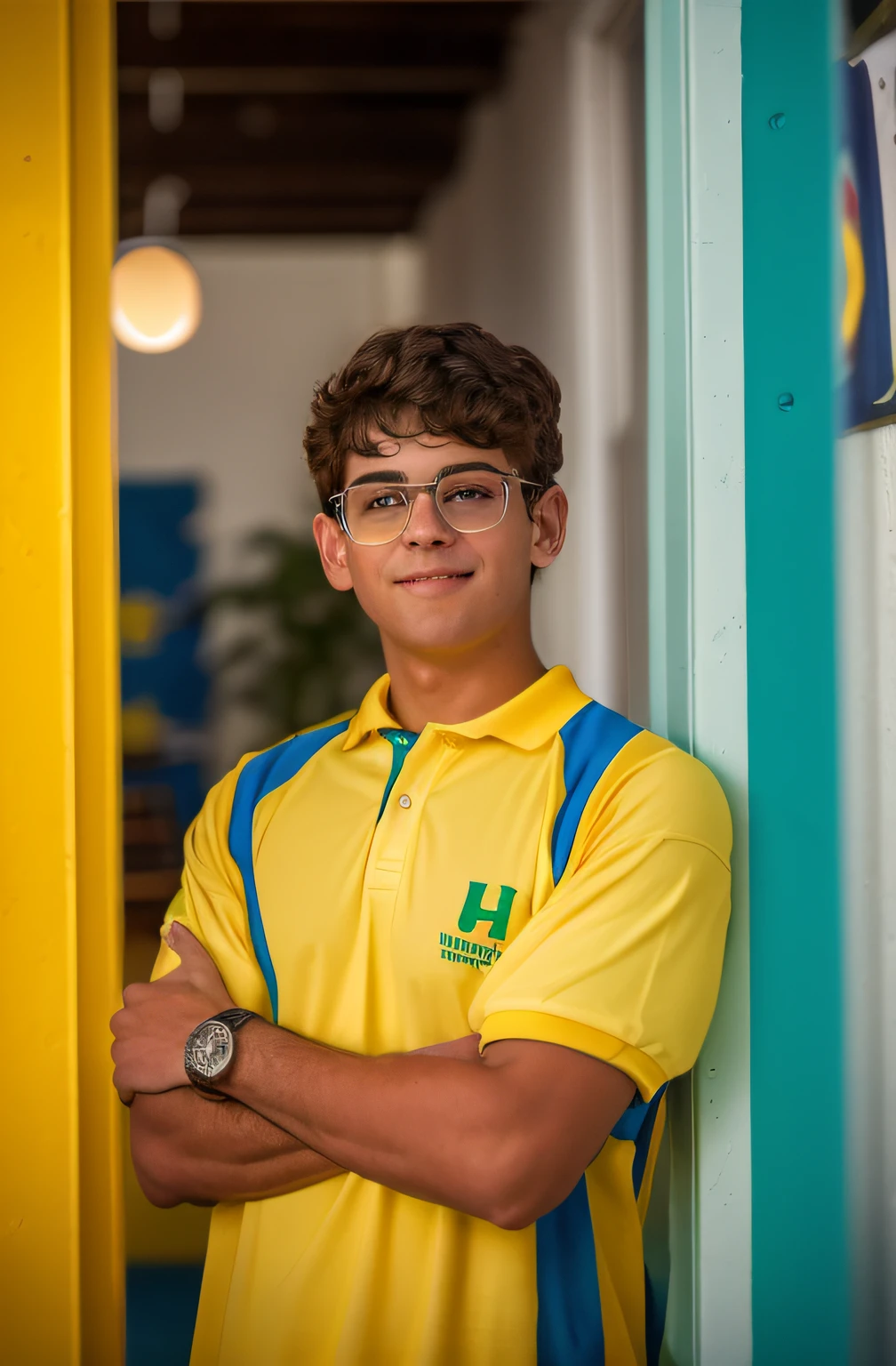 Foto RAW, uma foto retrato de um homem adolescente com 18 anos de idade sorrindo, student is inside a modern and colorful school. em uma sala de aulas, usando camisa polo branca com gola e mangas na cor amarela (obra-prima:1.2) (fotorrealista: 1.2) (bokeh) (melhor qualidade) (pele detalhada: 1.2) (detalhes intrincados) (noturno) (8k) (HDR) (cinematic lighthing) (foco nítido)