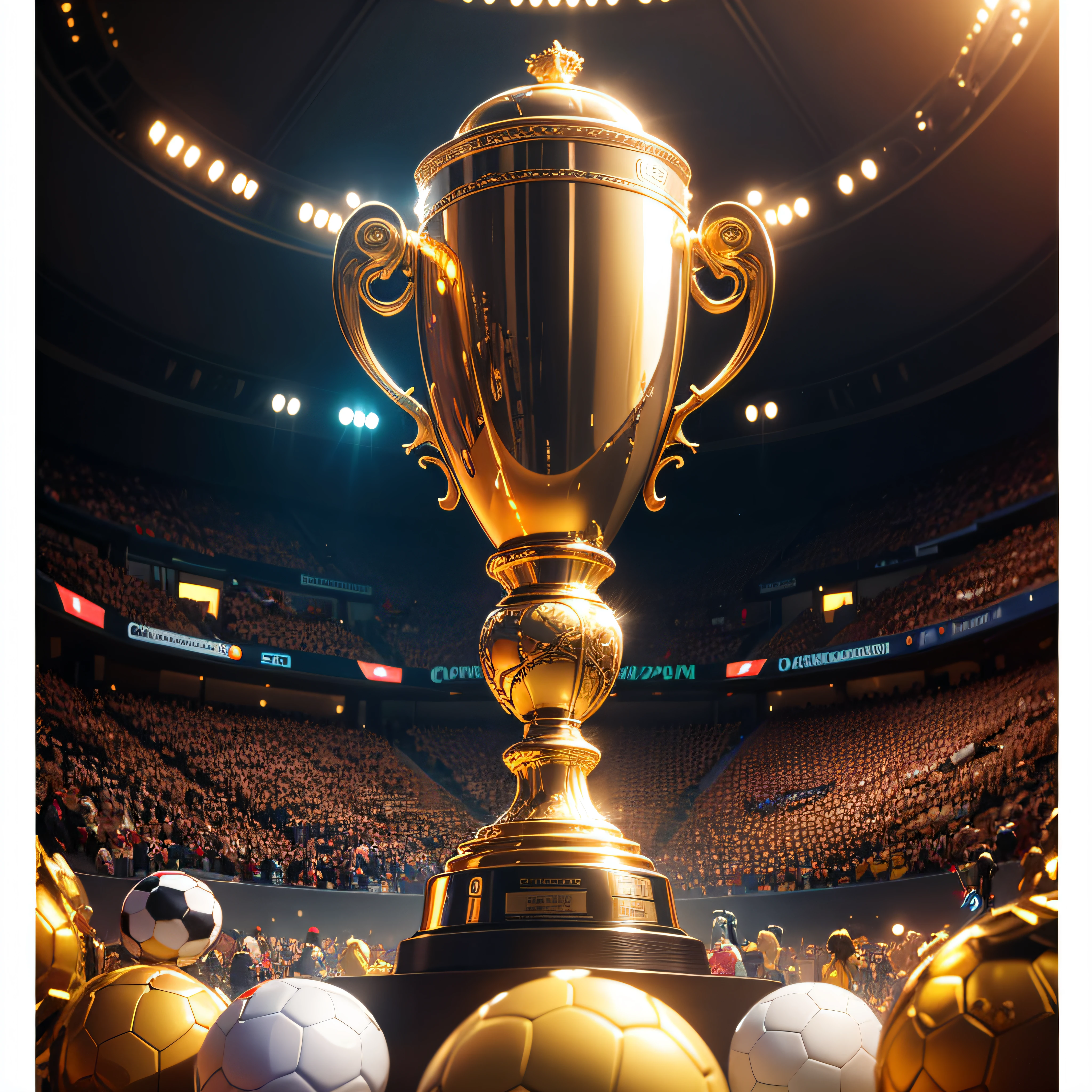 Realistic image of a champion trophy that is a golden video game controller and underneath the controller forming the shape of the trophy a soccer ball, Realistic trophy, The trophy is a PS5 controller with a soccer ball underneath and very beautiful, realista, UHD, 8k --auto