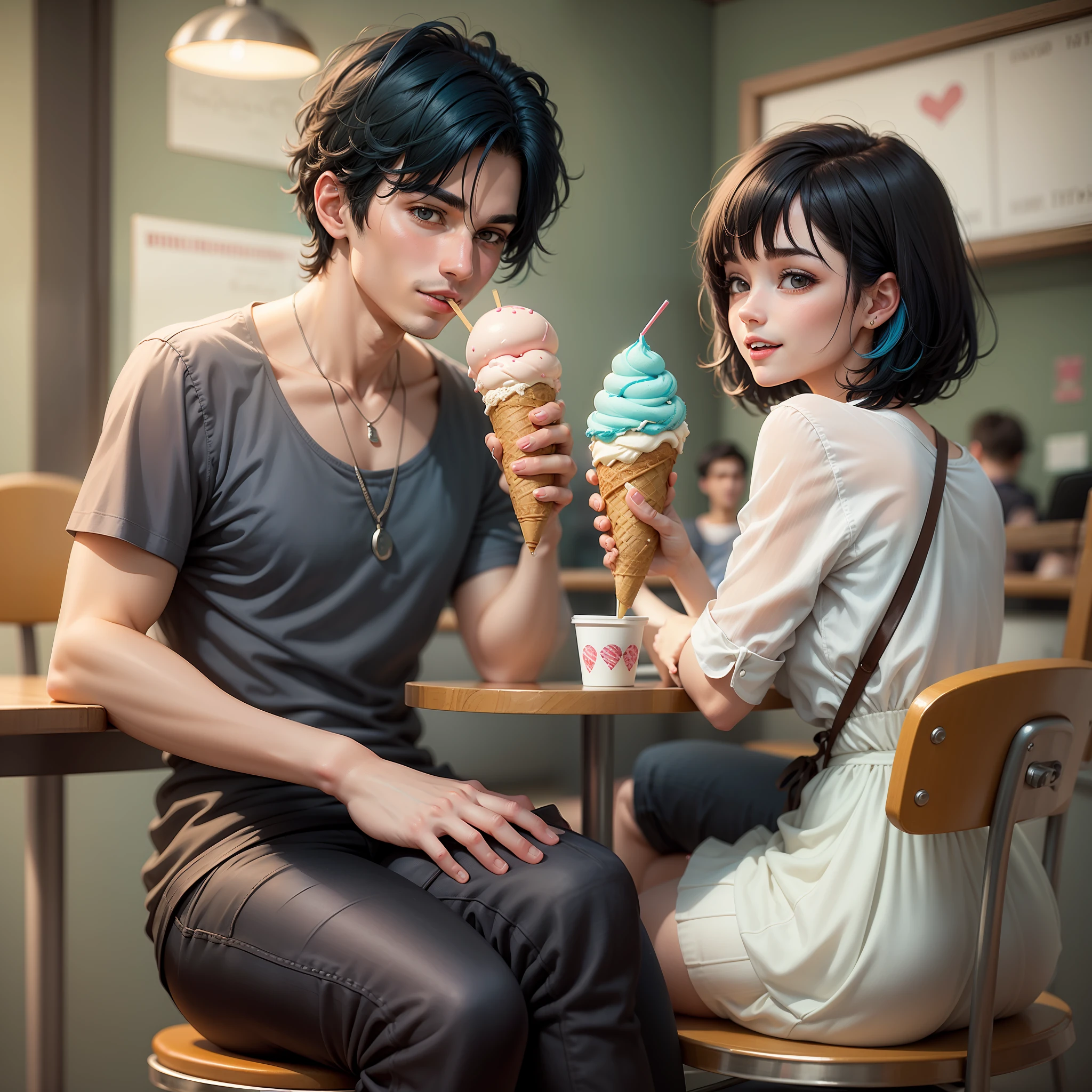 a couple of happy friends sitting on chairs in an ice cream parlor eating ice cream, the girl has short black hair and the boy has blue hair