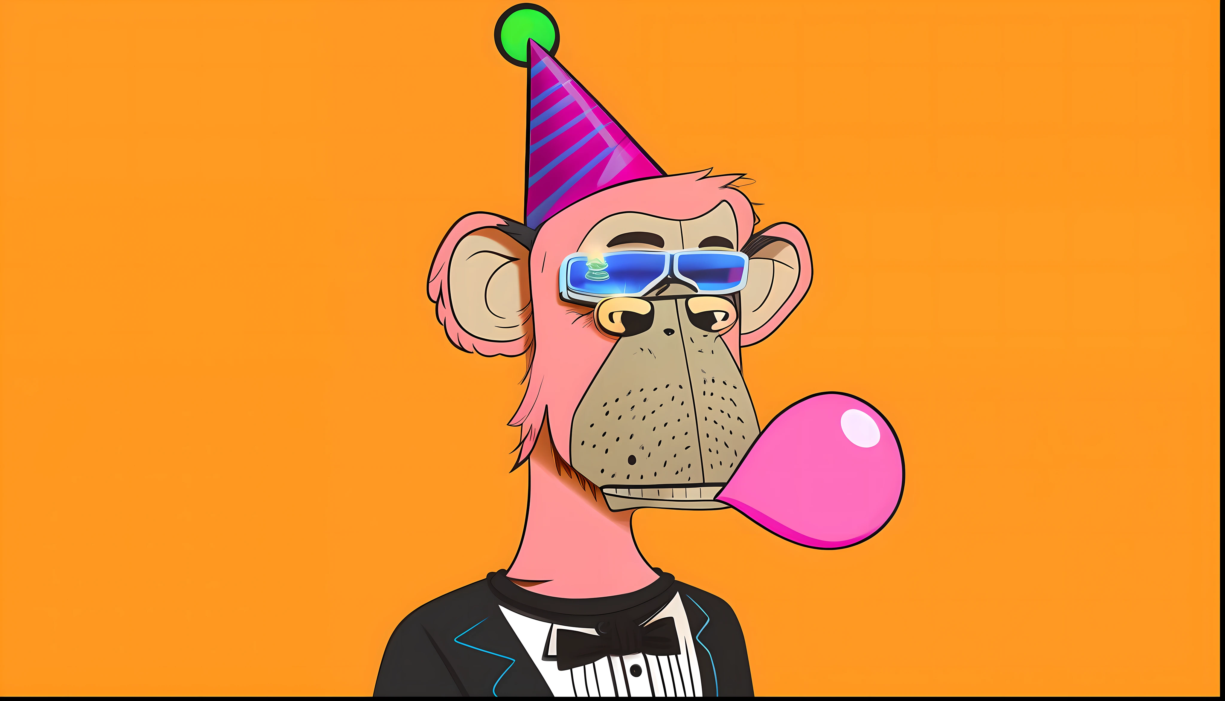 Cartoon of a man with a party hat blowing a bubble, macaco entediado nft, inspirado em Alex Petruk APe, 🐿🍸🍋, Assunto= chimp, 🐋 as 🐘 as 🤖 as 👽 as 🐳, estilo de arte dos desenhos animados, desenho animado altamente detalhado, arte digital. @mariomaniacdude, Cartoon style illustration, foto de perfil do discord