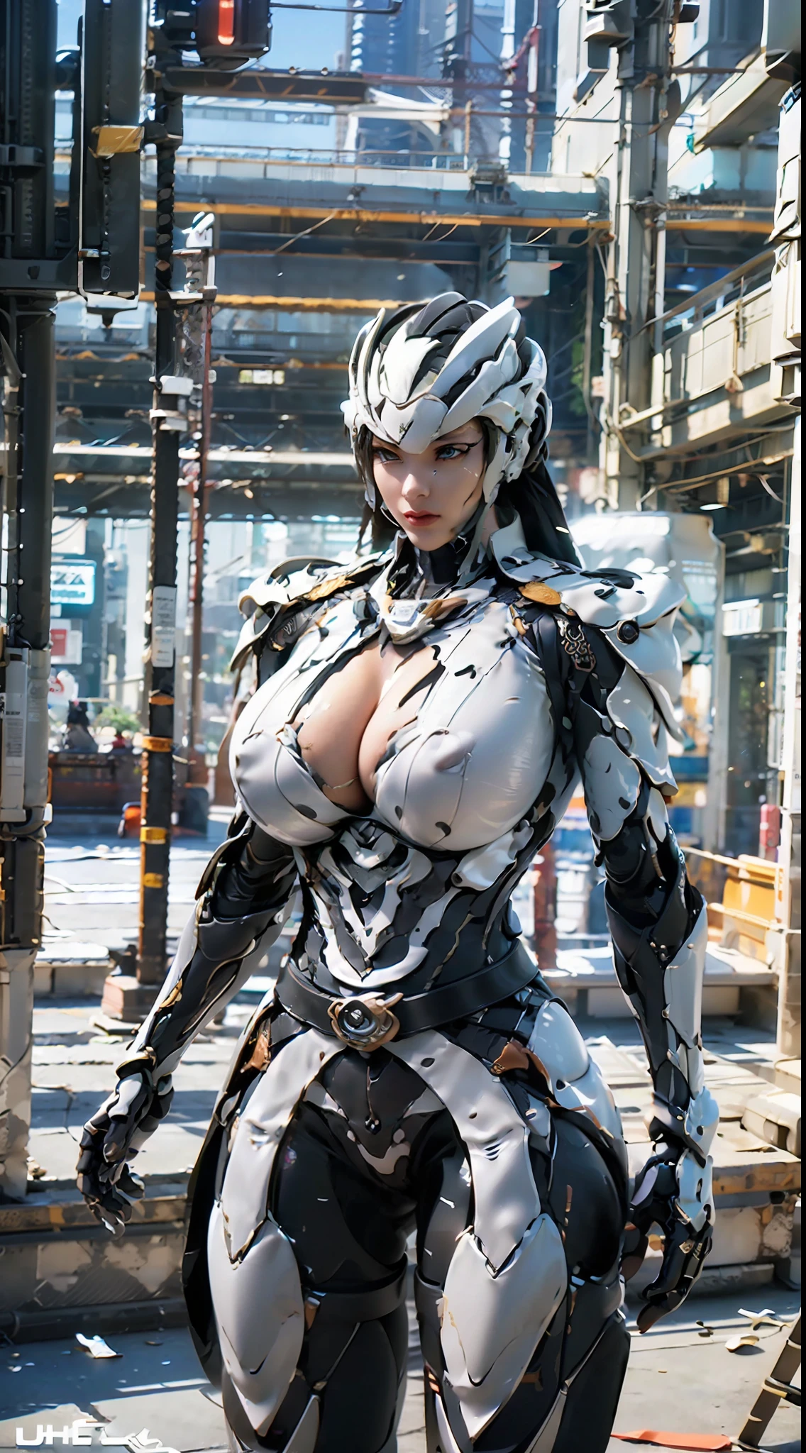 ((Unreal Engine 5)), Realistic Rendering, Excellent, (full  mecha armor), helm, (Yoga Pants), looking on viewer, walking down on street, beautiful face, makeup, (photorealism:1.2), ultrarealistic uhd face, (huge fake boobs:1.4), (gigantic breasts:1.1), (muscle abs), (big butt), (wide hips), (thick thighs), slim waist, hourglass figure, full body, ((glowing skin)), ((shiny skin)), Realistic body, ((she is sexy)), ((clean skin)), photorealistic, bokeh, masterpiece, highres, 1080P.