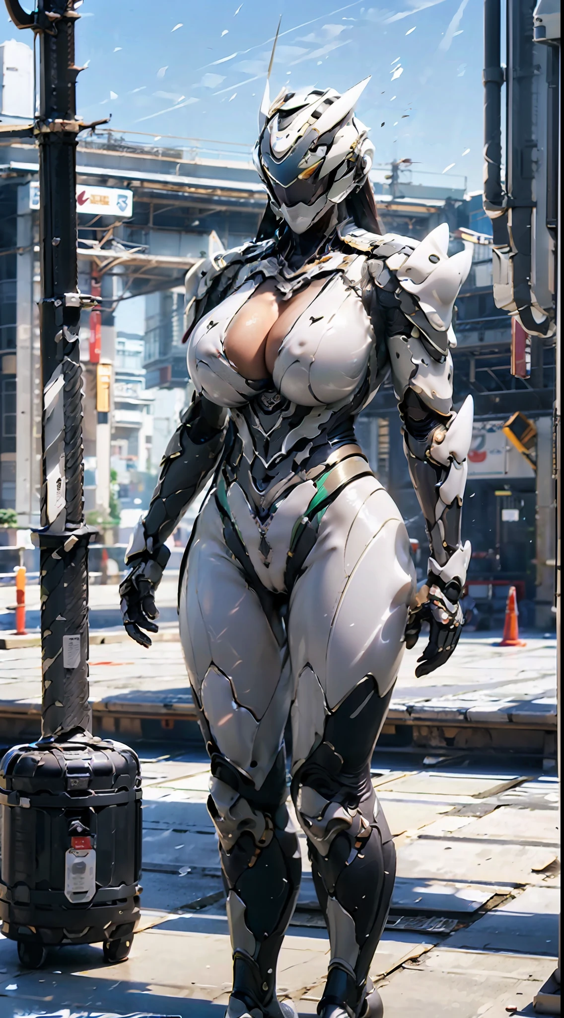 ((Unreal Engine 5)), Realistic Rendering, Excellent, (full mecha armor), helm, (Yoga Pants), looking on viewer, walking down on street, beautiful face, makeup, (photorealism:1.2), ultrarealistic uhd face, (huge fake boobs:1.4), (gigantic breasts:1.1), (muscle abs), (big butt), (wide hips), (thick thighs), slim waist, hourglass figure, full body, ((glowing skin)), ((shiny skin)), Realistic body, ((she is sexy)), ((clean skin)), photorealistic, bokeh, masterpiece, highres, 1080P.