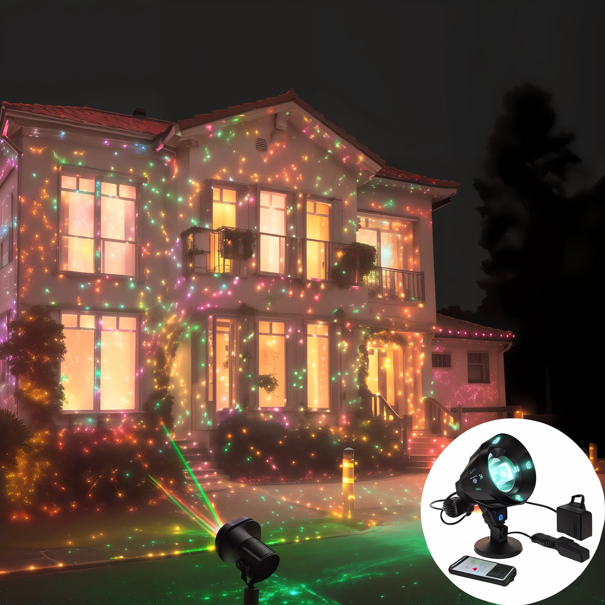 um close up de uma casa com um gramado e uma luz, feixe de laser ; Ao ar livre, lasers para luzes, laser illumination, show de luzes laser, luzes laser, dancing lights, Strobe e luzes laser, luz laser, Luzes de Natal, red and green lighting, show de luzes, totalmente decorado, luzes led ao redor do lugar, luzes de festa, with glowing lights at night, Luzes --auto