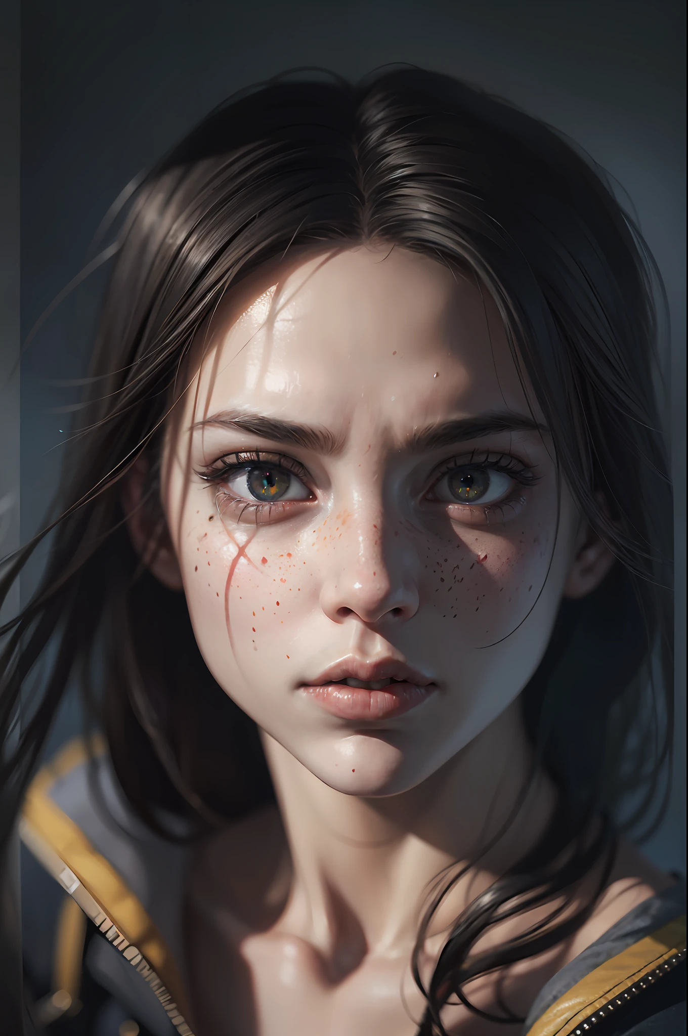 Movie, ((Face close up)), best quality, clear graphics, torch light, (The detail is clear to every hair on the face), 1girl, demonic, evil, nsfw, sexy woman, eye depth, (brother moons), (dead space) ,science fiction, (beautiful glowing red eyes), photo realistic, 20 megapixel, nikon d850, ((vibrant, photo realistic, realistic, dramatic, sharp focus, 8k)), (faded freckles:0.6), subsurface scattering, sharp, retouched, intricate detail, by Greg Rutkowski, by (Jeremy Lipking,:0.8), ((junji ito)), by ralph bakshi,((Silent Hill)), H.R. Giger, Beksinski