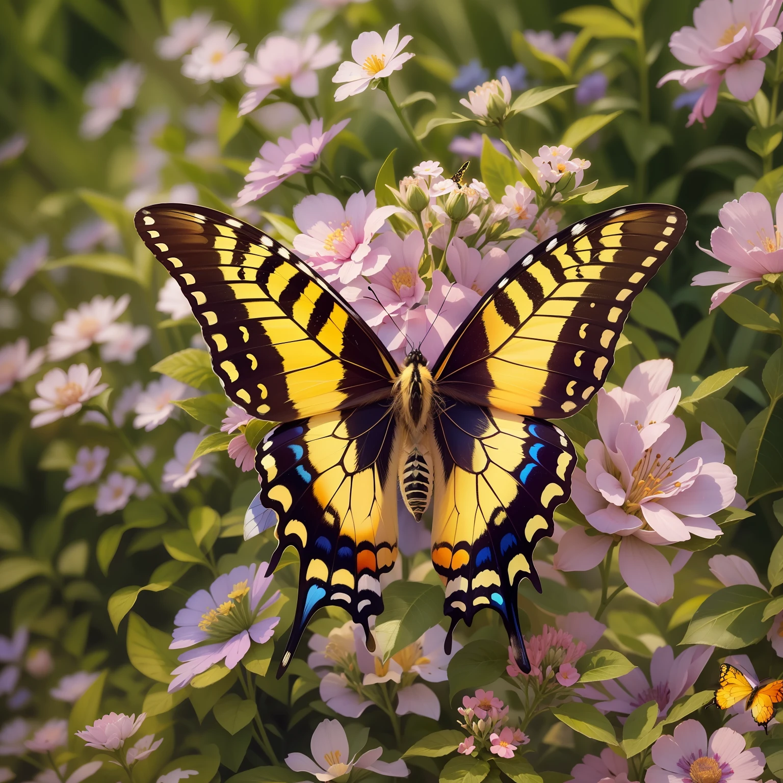 there is a butterfly that is sitting on a flower, swallowtail butterflies, butterfly, large)}], scientific photo, beautiful photo, photographed, beautiful symmetric, harmony of butterfly, yellow butterflies, profile pic, symmetric beauty, beautifully symmetrical, illustration, large wingspan, with large wings, exquisite and handsome wings, beautiful opened wings, symmetry!!
