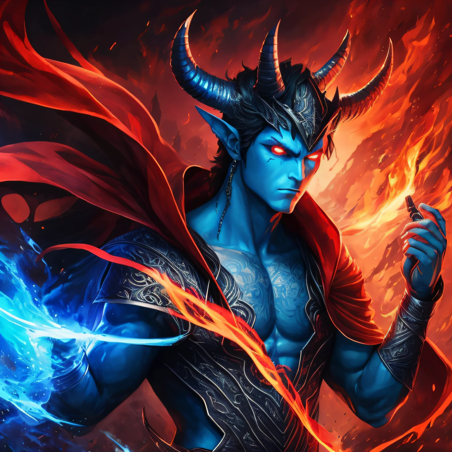 8k,复杂,ellegance,highly detailed,A majestic,digital photography,surrealism painting,Beating magic,Entwined black flame,(tmasterpiece,Sideslit,Fine beautiful eyes:1.2),HDR,((luminous red eyes)),Wearing a war robe,Large knife in hand,Handsome boys,black color hair,musculature,Blue skin,devil horns,rained,Handsome,facing at camera,tmasterpiece,Fall --auto