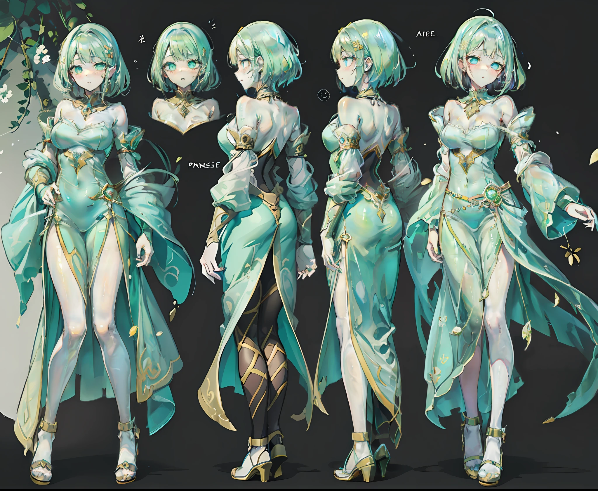 1woman, reference sheet, (fantasy character sheet, front, back, side, rear) tree nymph, ethereal and enchanting appearance. Delicate, pale-hued skin, vibrant green hair flowing in long strands, adorned with leaves and blossoms. Mesmerizing eyes with a reflective forest color glow. Graceful and naturally beautiful aura, slender and lithe form blending seamlessly with nature. (masterpiece:1.2), (best quality:1.3).