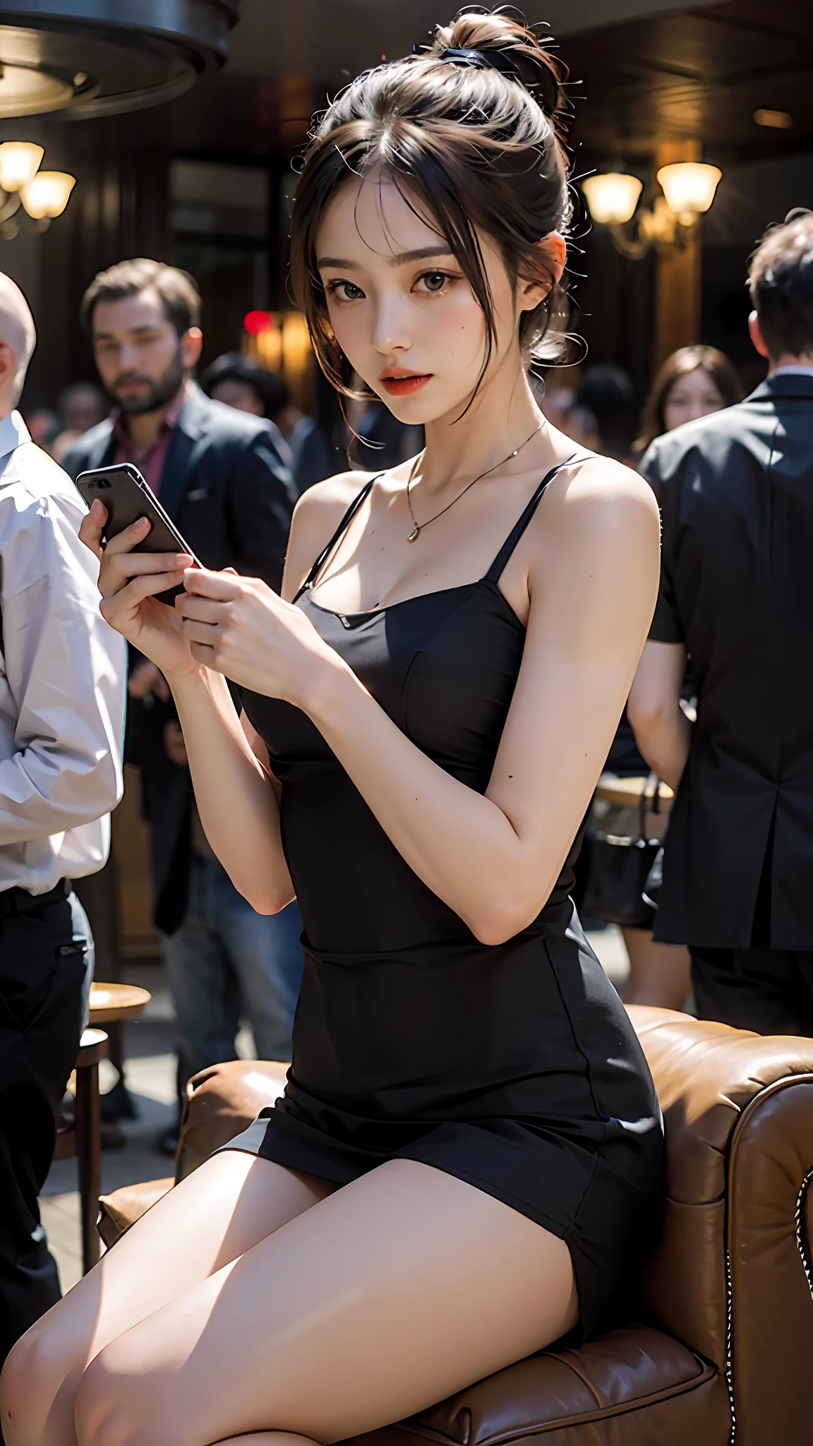 Beautiful woman, fiddling with cell phone in the middle of a party, short clothes