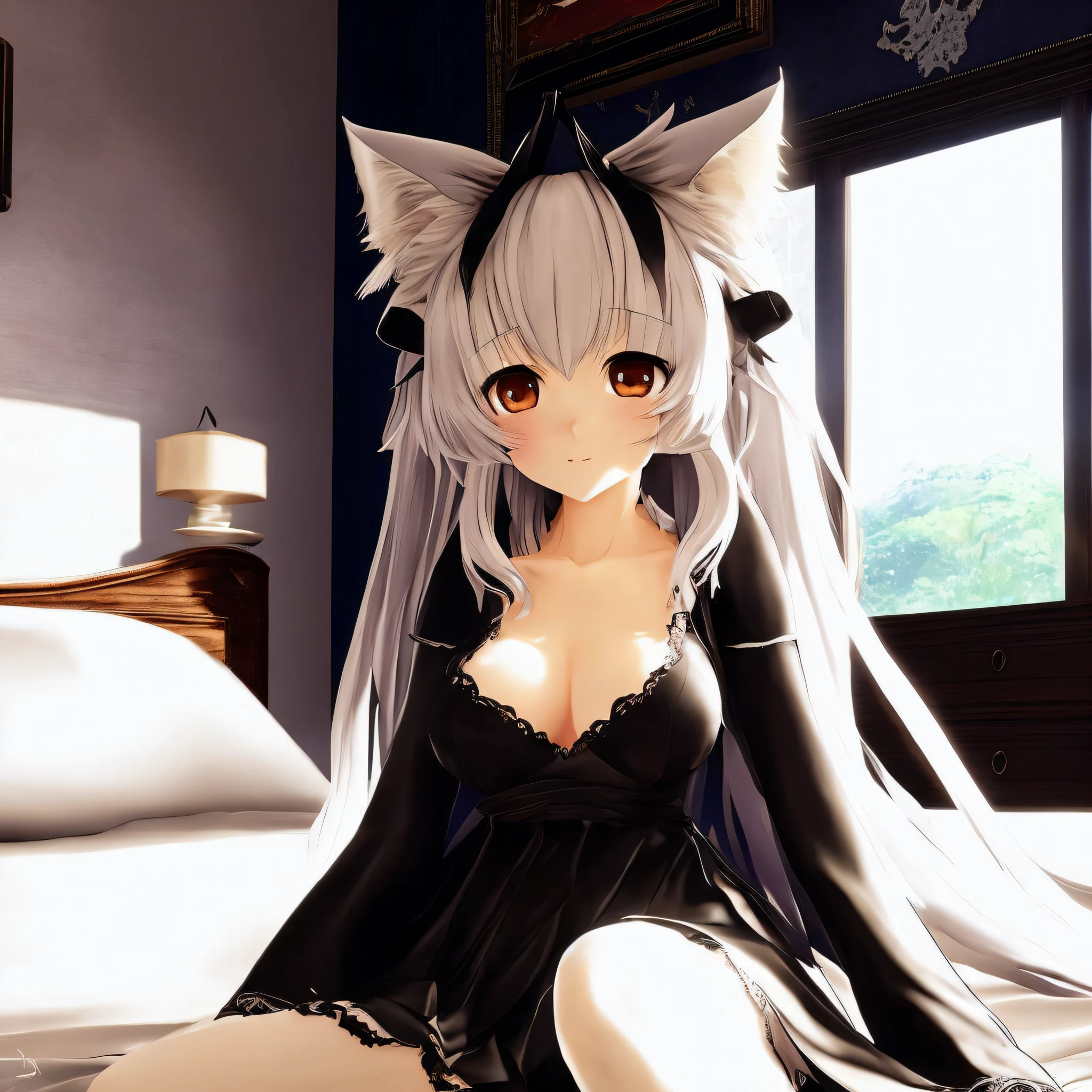 A girl, she has white hair, white skin, black elegant clothes, brown black eyes, white fox ears, detailed bedroom scene at day, detailed shadows, shade, beautiful, gorgeous, masterpiece, best quality, everything ultra detailed, ultra detailed textures, highly detailed face and skin texture, Detailed eyes, trending on pinterest, high quality, by ufotable, realistic, perfect anime body, 8k perfect ultra detailed anime photo by professionals artists