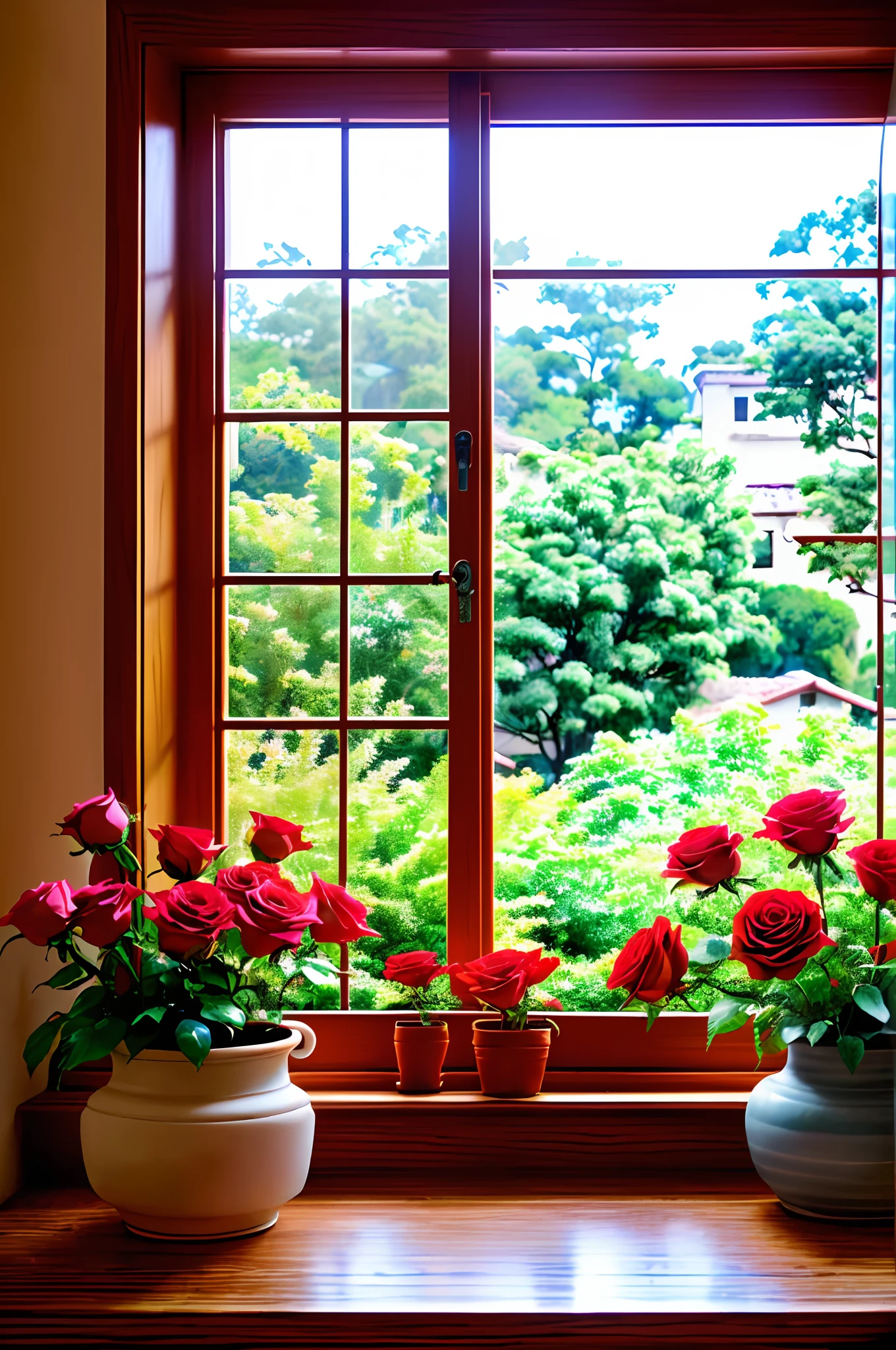 Two rose vases are placed on the windowsill, roses in cinematic light, Beautiful window photos, red roses at the top, Red roses, window view, roses and lush fern flowers, small red roses, window open, window sill with plants, window, vignette of windowsill, looking out, View outside the window