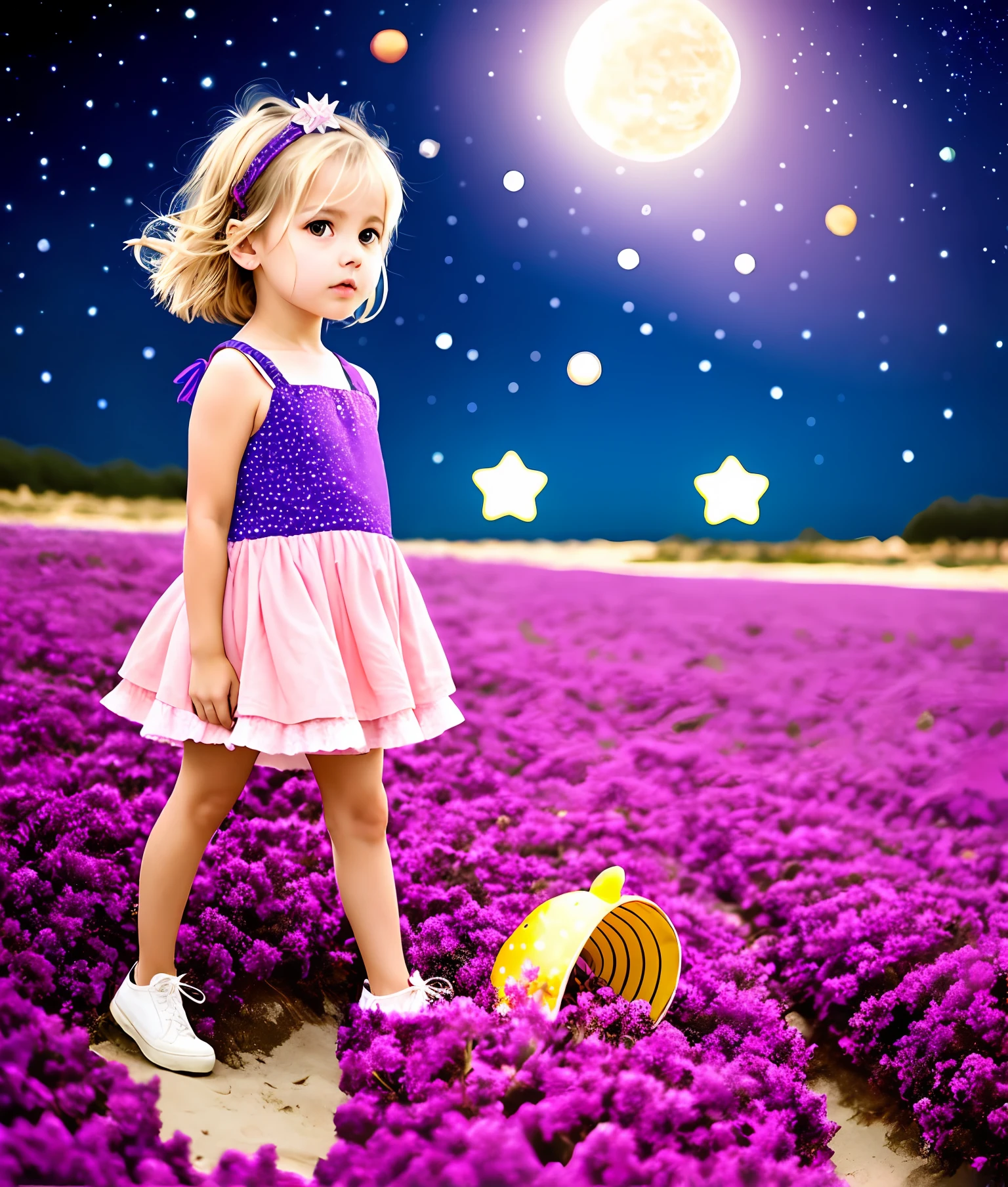 Mar rosado, purple shells, chica sentada, 3D,  girl, cielo estrellado, universo, ojos de estrella, pastel palet