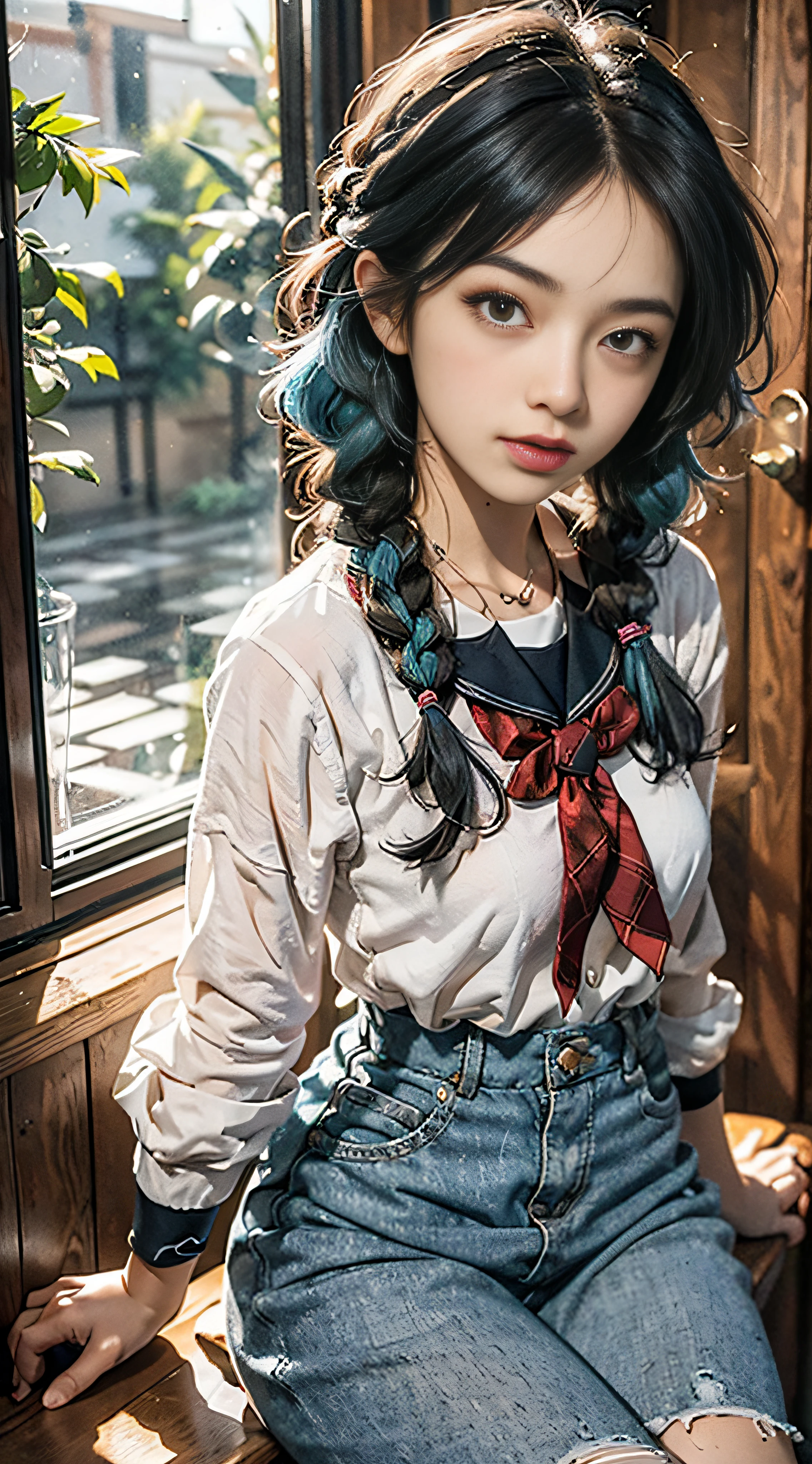 ​masterpiece, top-quality, ultra-detailliert, illustratio, 1girl in, 独奏, furutani_himawari, blue hairs, brown-eyed, shairband, Medium hair, Low twin braid, Nanamori School Uniform, Animated Screencaps, The upper part of the body