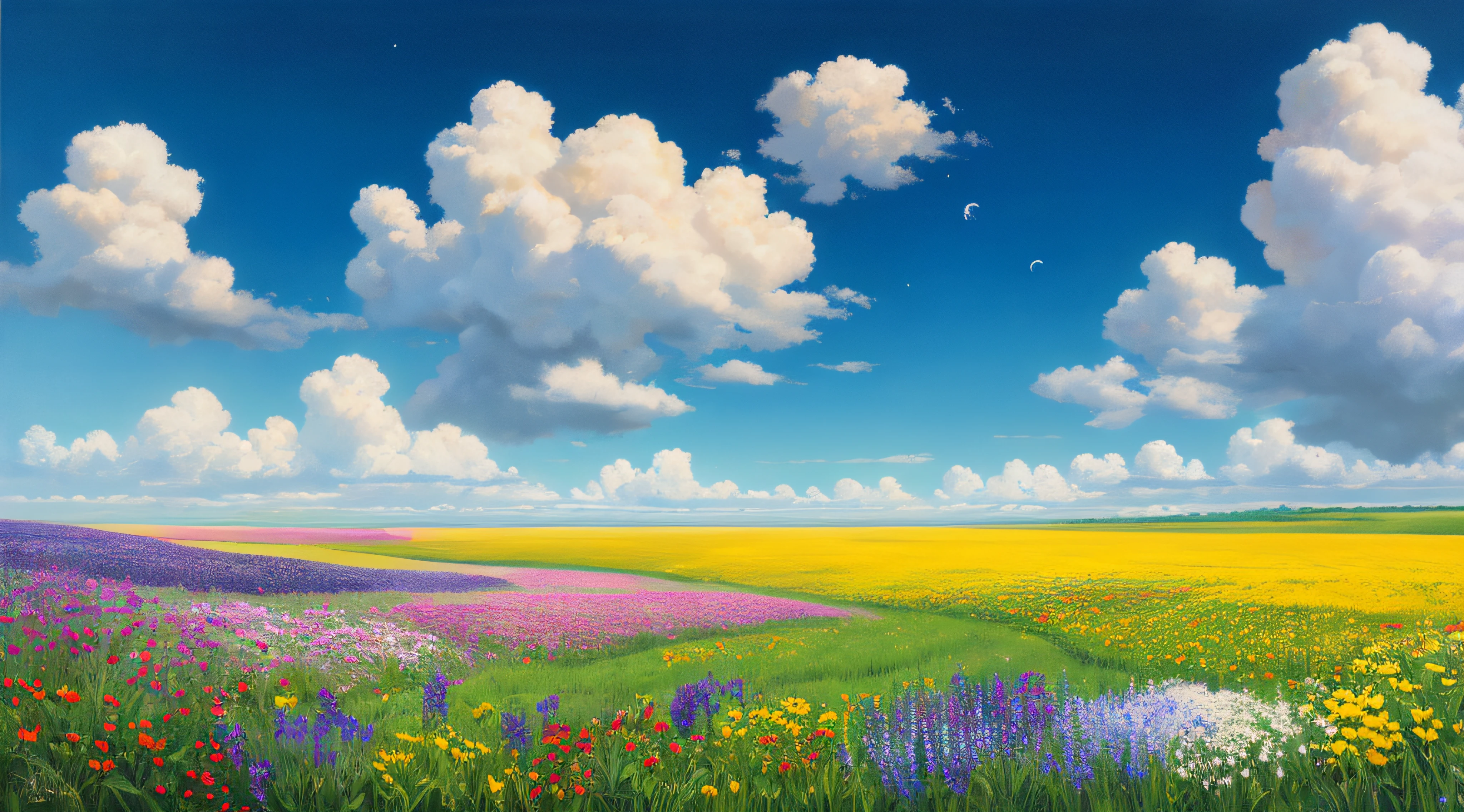 Summer prairie, flowers, clouds, deep field focus, hyper detailed, soft light, ray tracing, cinematic, blue sky, 32k resolution, oil painting